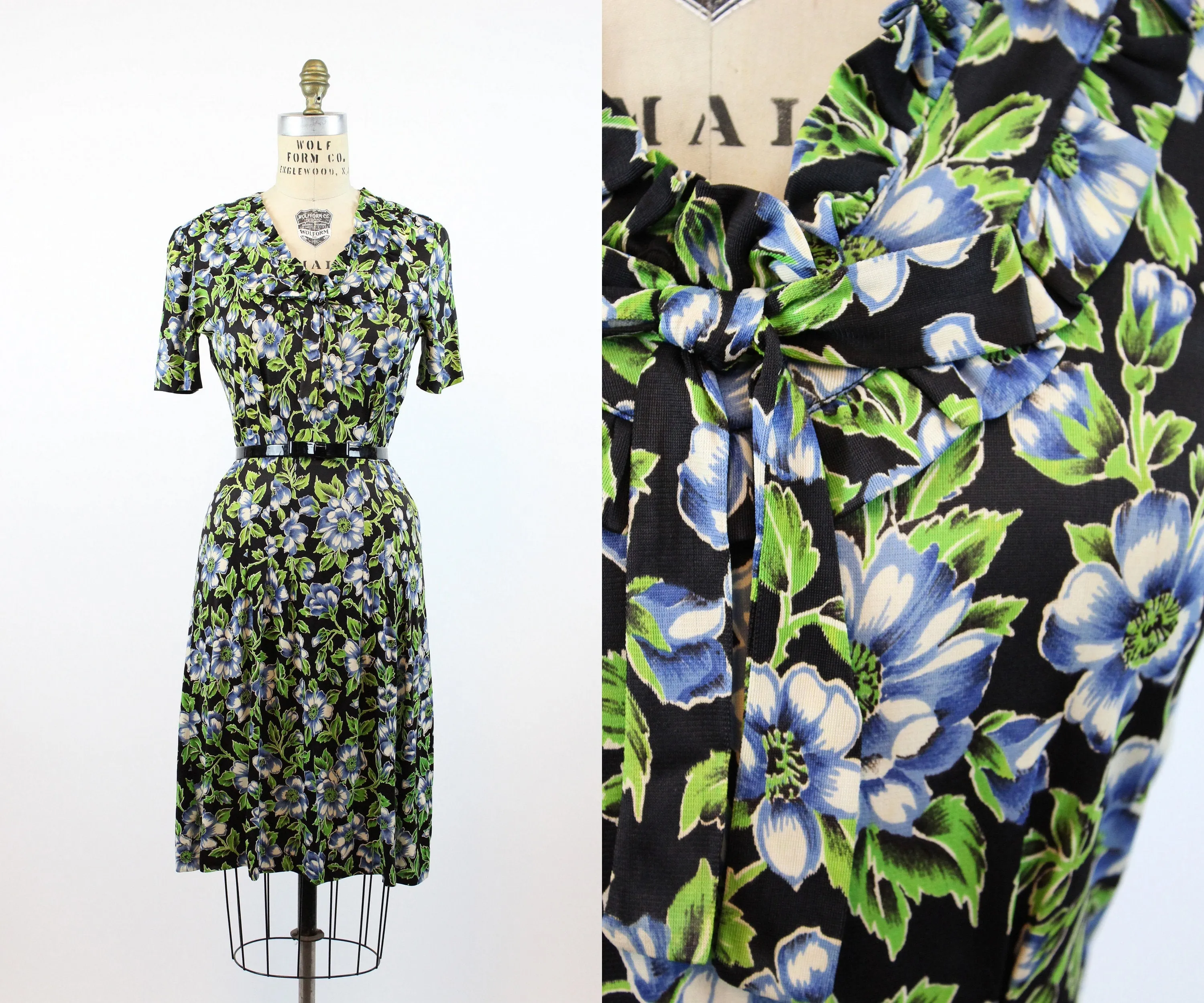 1930s rayon jersey anemone print dress small  | new fall