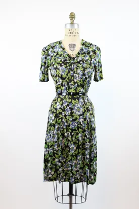 1930s rayon jersey anemone print dress small  | new fall