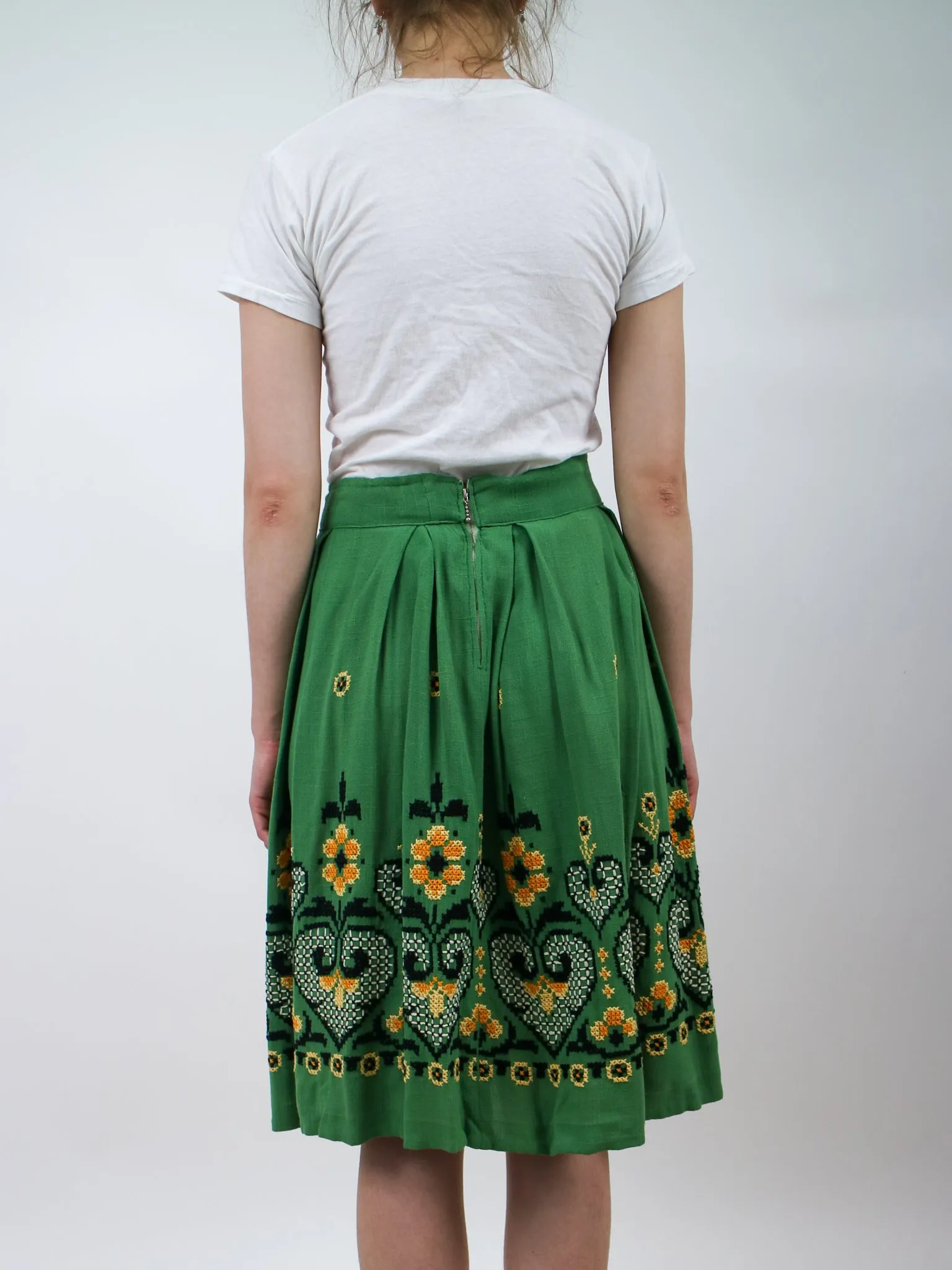 1950s Green and Yellow Floral Embroidered Fit and Flare Skirt