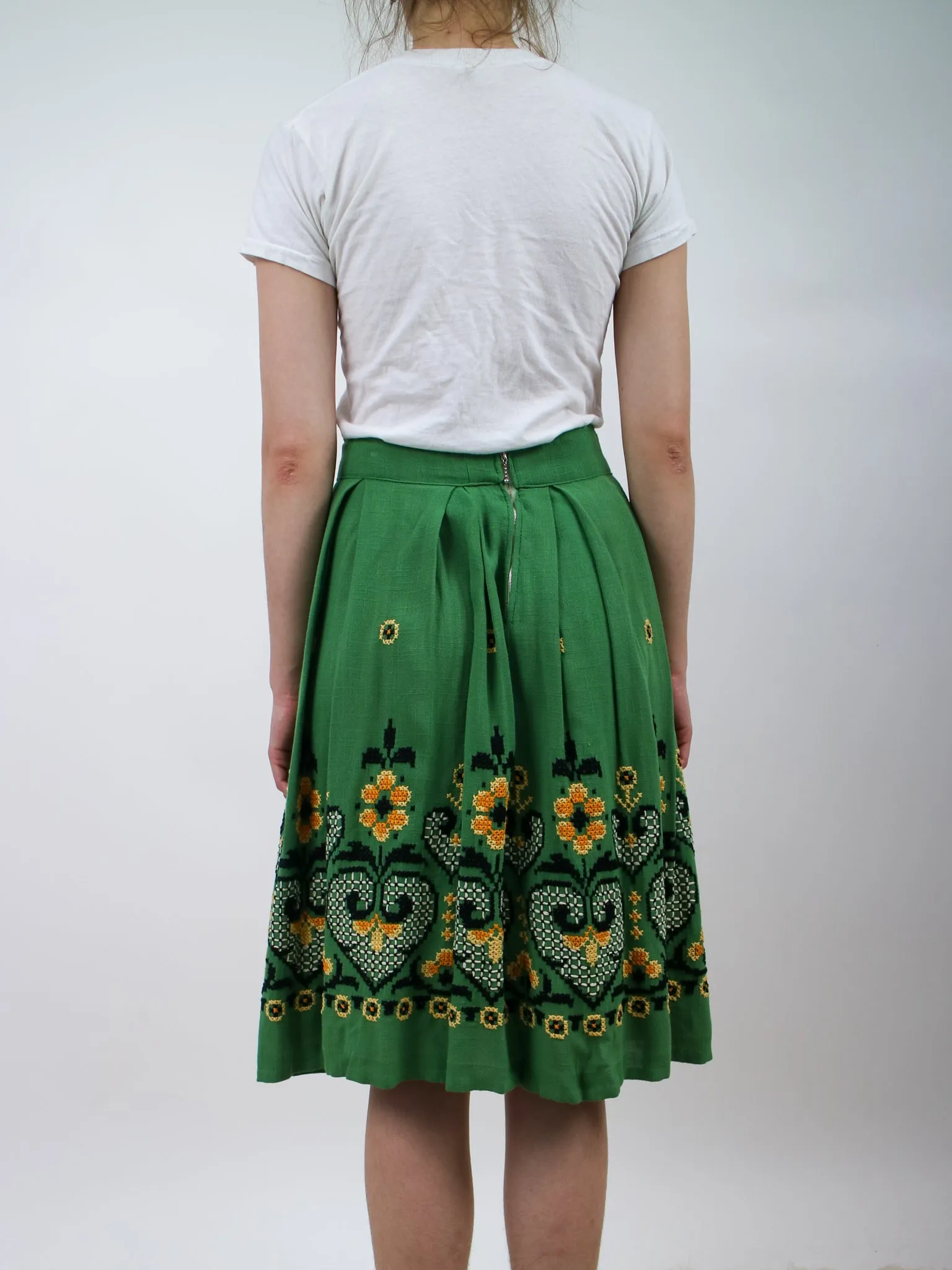 1950s Green and Yellow Floral Embroidered Fit and Flare Skirt