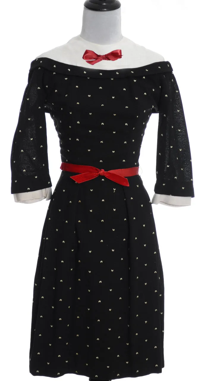 1950's Vintage Dress Florence Black with White Polka Dots and Red Bows