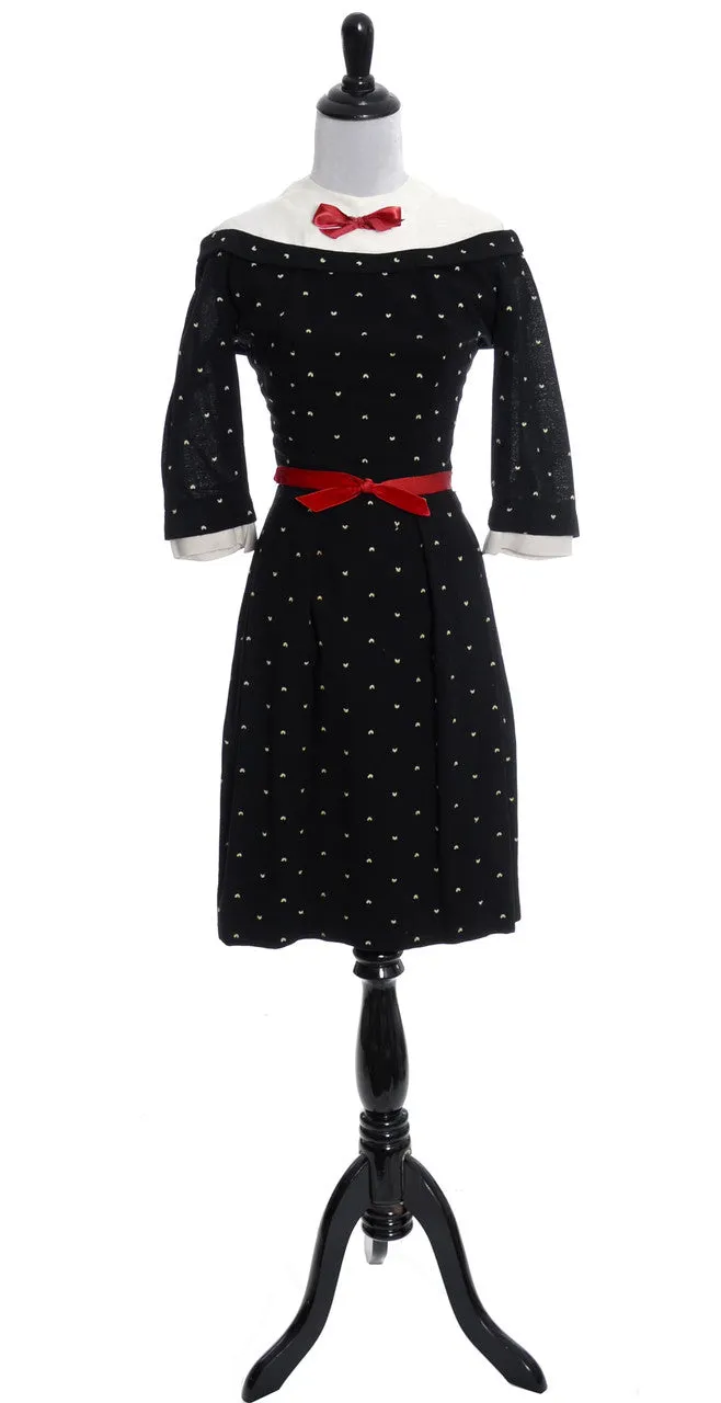 1950's Vintage Dress Florence Black with White Polka Dots and Red Bows