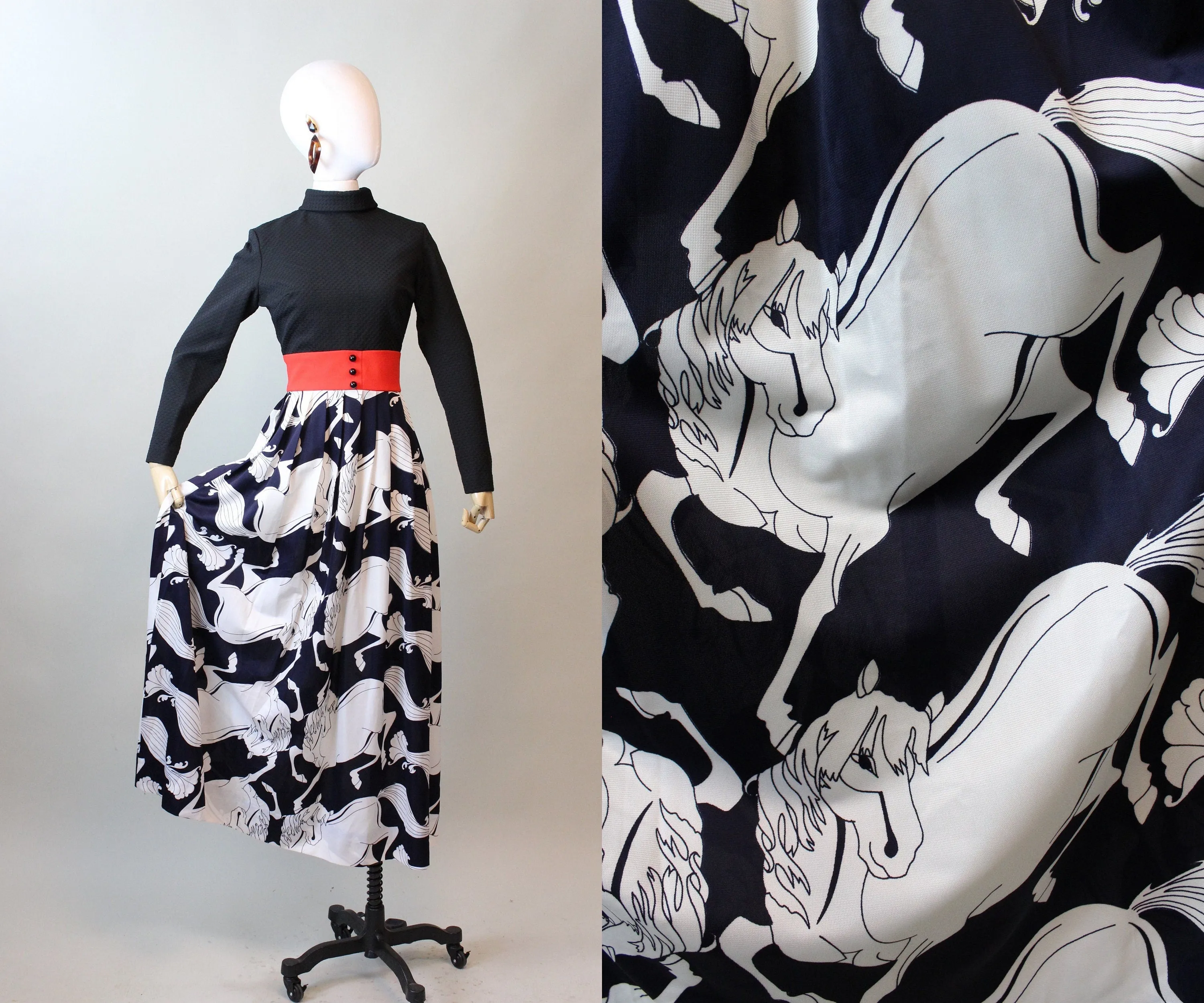 1960s WHITE HORSE print maxi dress small | new fall