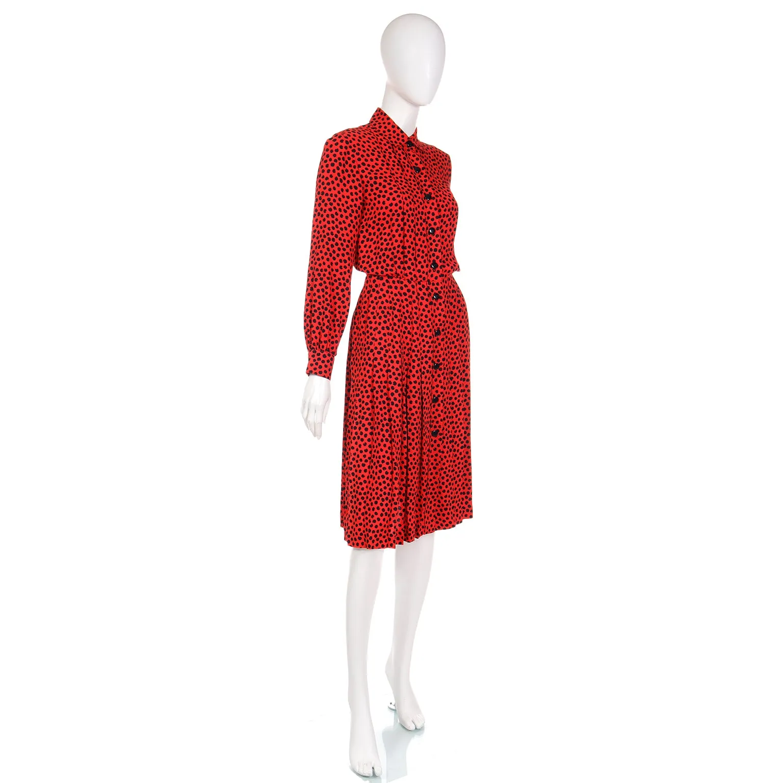 1980s Yves Saint Laurent Red & Black Abstract Print Silk Dress