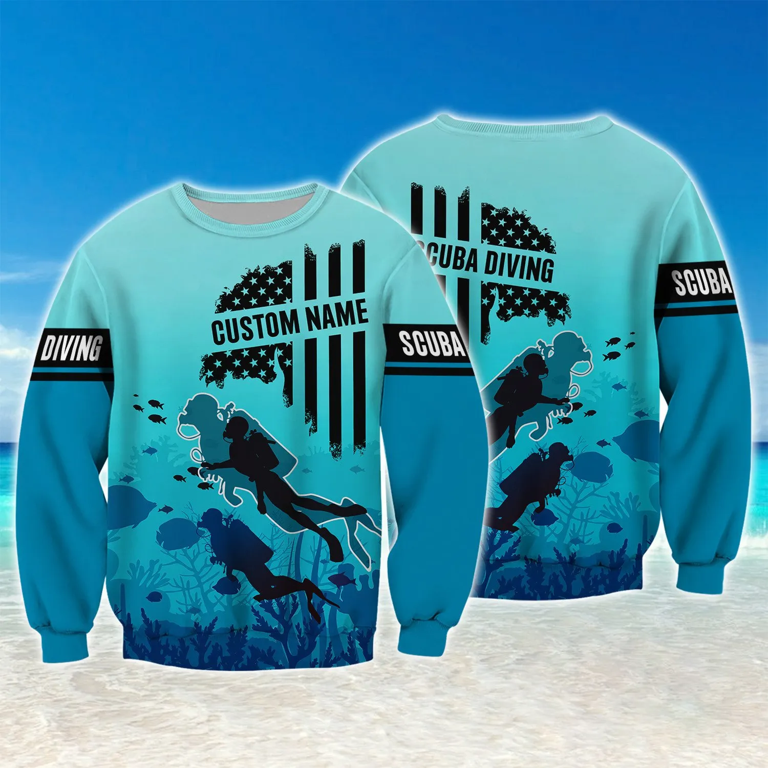 3D Custom Name Scuba Diving Casual Sweatshirt Underwater Divers US Flag Outfit Gift For Dive Lovers