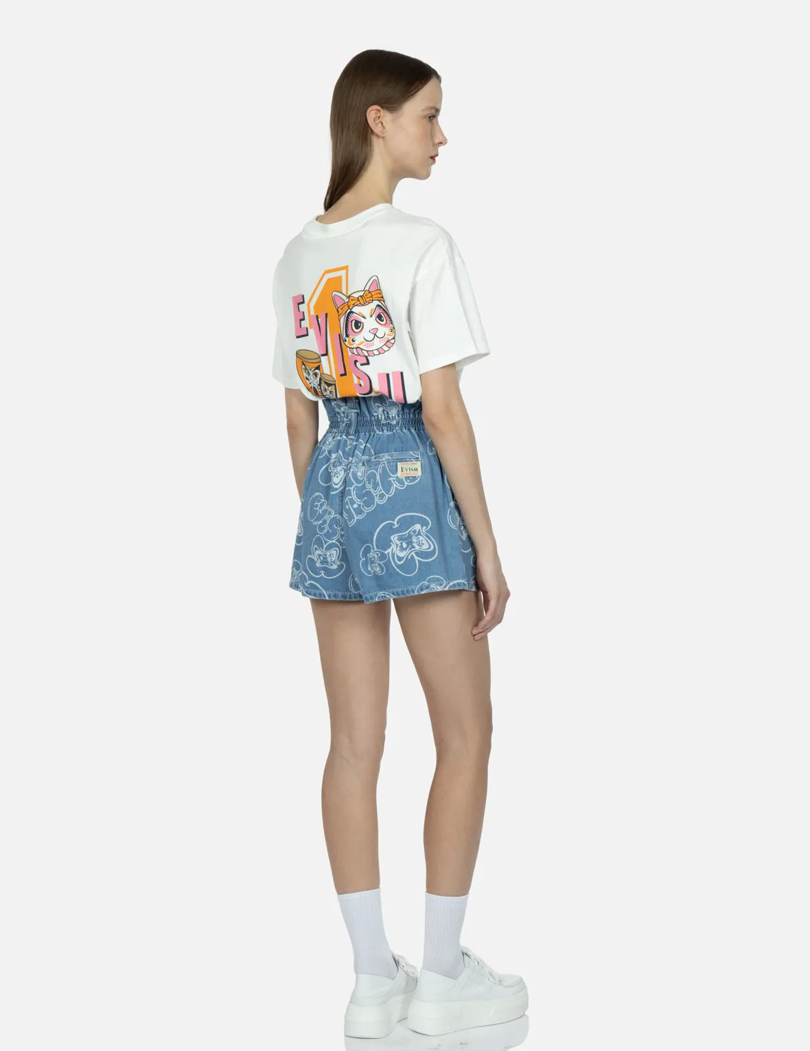 Allover Graffiti Daruma and Logo Laser-Print Denim Shorts