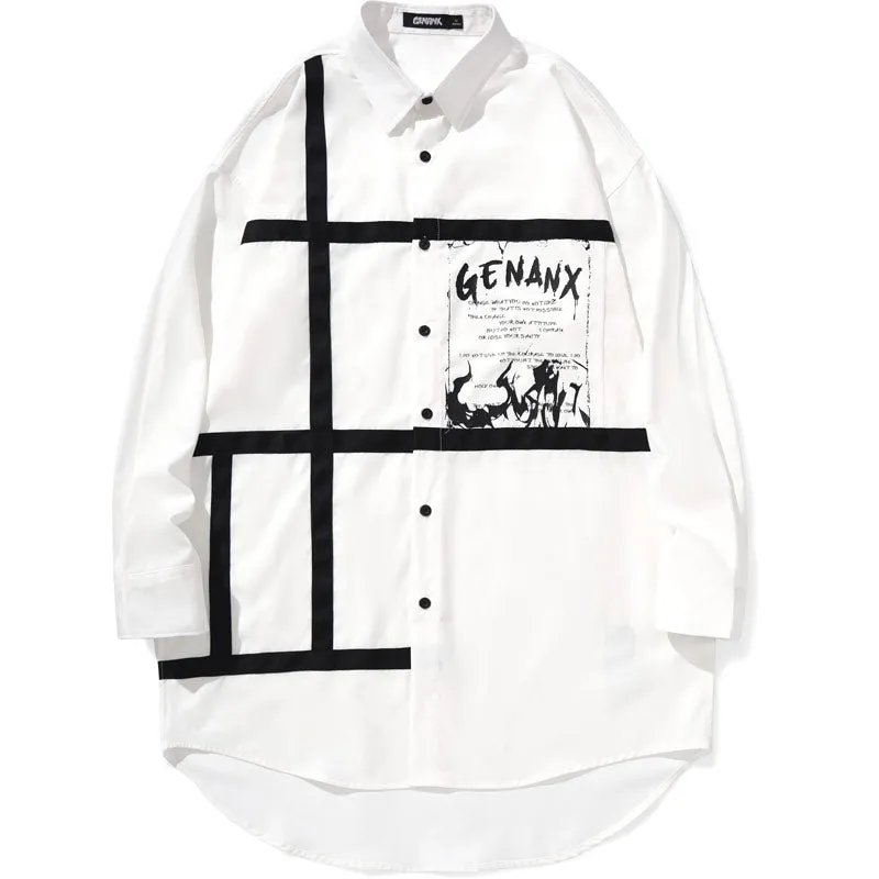 Asymmetric Color Block Ribbon Graffiti Print Shirt