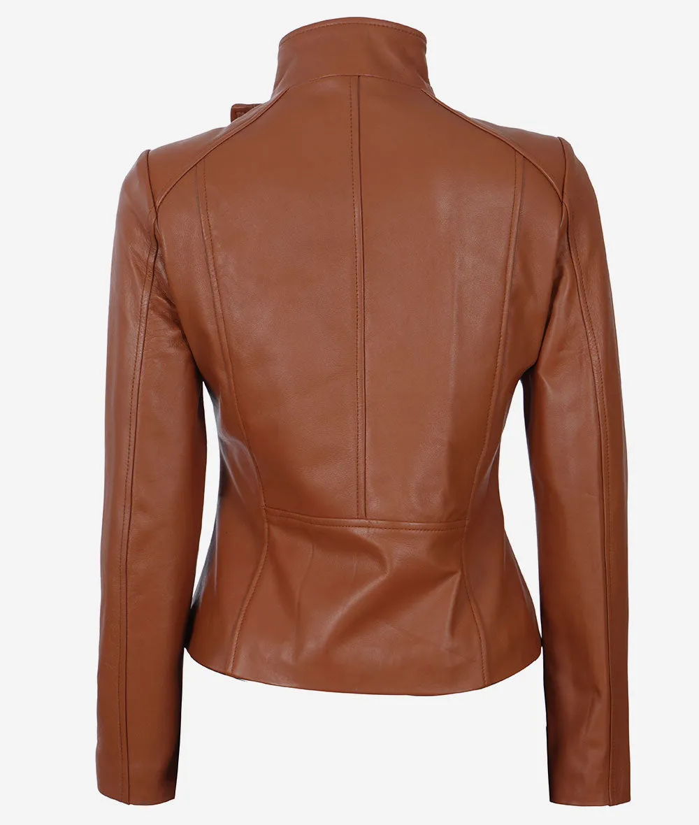 Asymmetrical Cognac Leather Biker Jacket Women