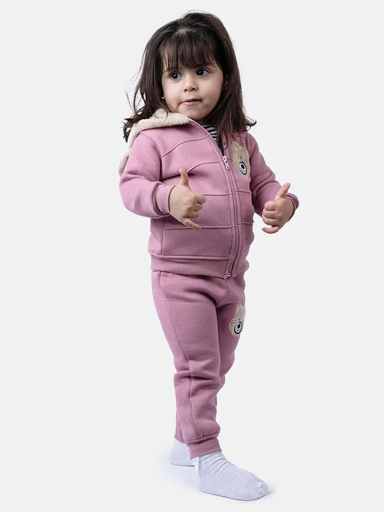 Baby Girl Teddy Long Sleeve Tracksuit 3 Piece Set-Dusty Pink