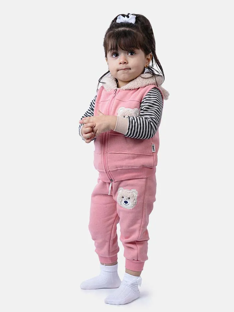 Baby Girl Teddy Tracksuit 3 Piece Set with Vest - Coral Pink