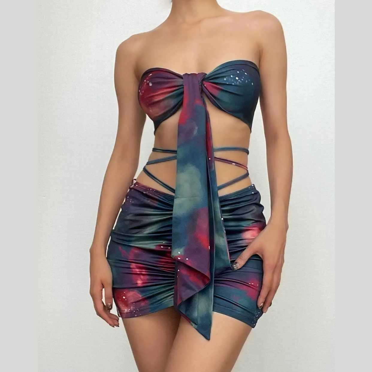 Backless self tie ruched tie dye drawstring contrast mini skirt set