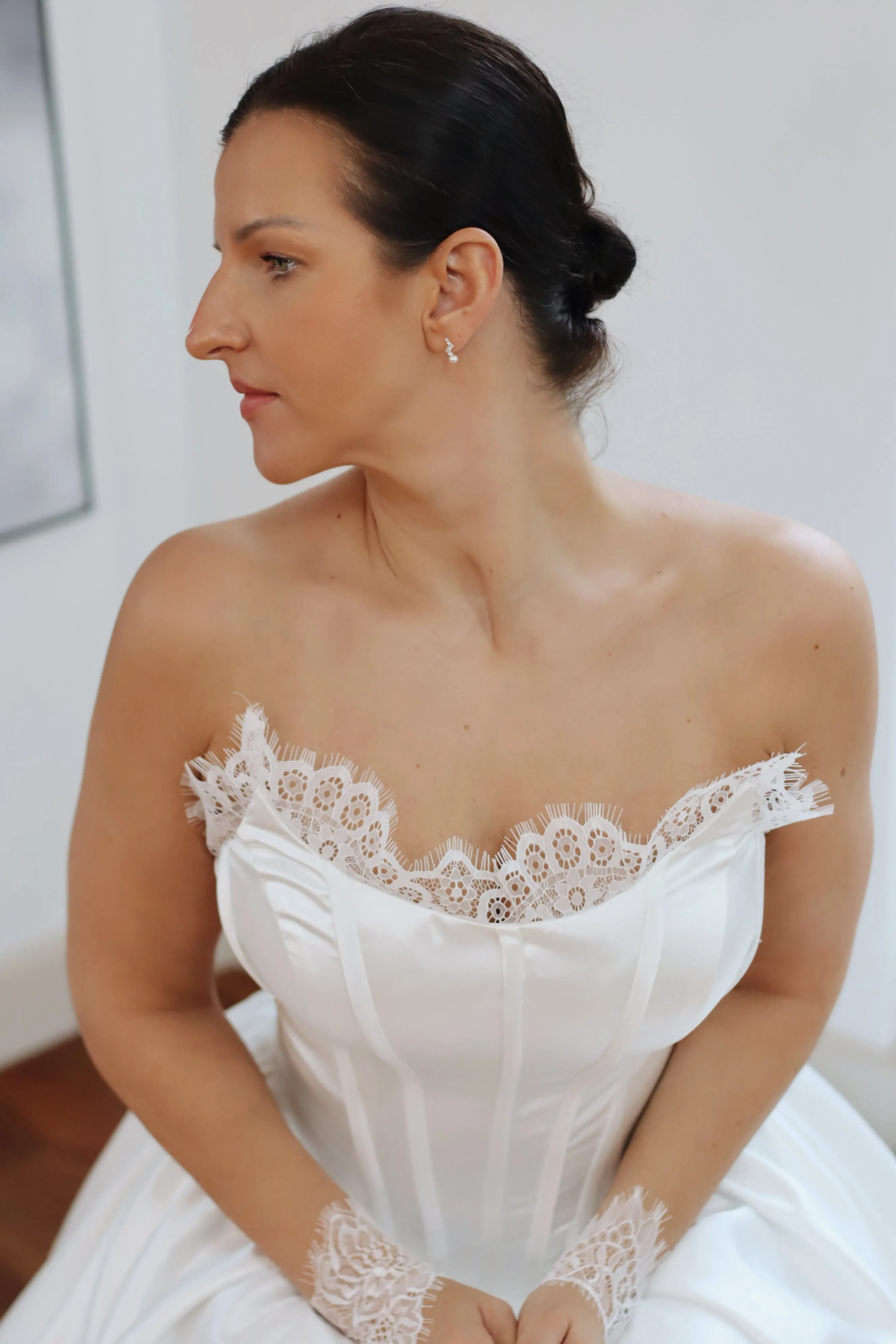 Basque Waist Satin Wedding Dress with Lace