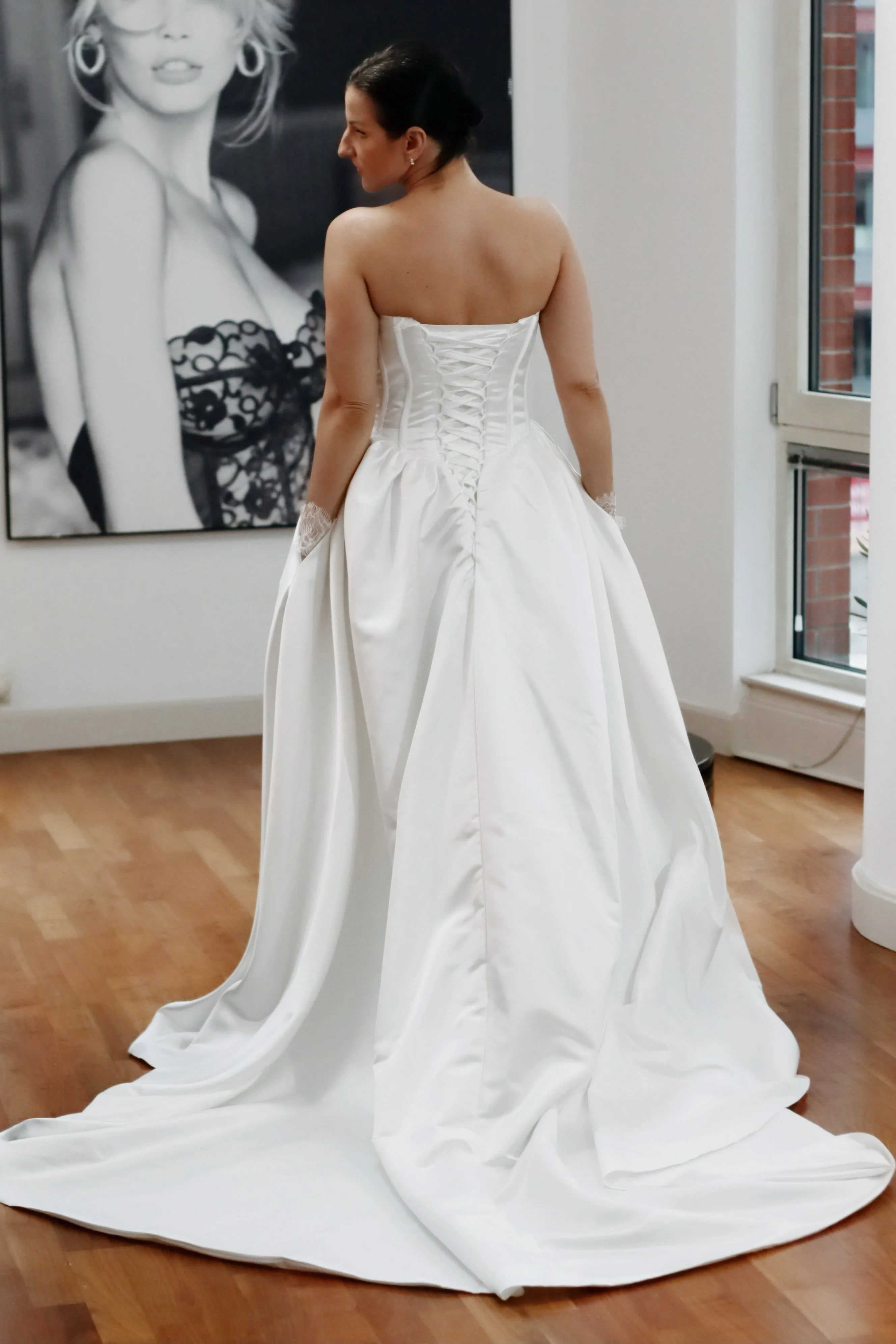 Basque Waist Satin Wedding Dress with Lace