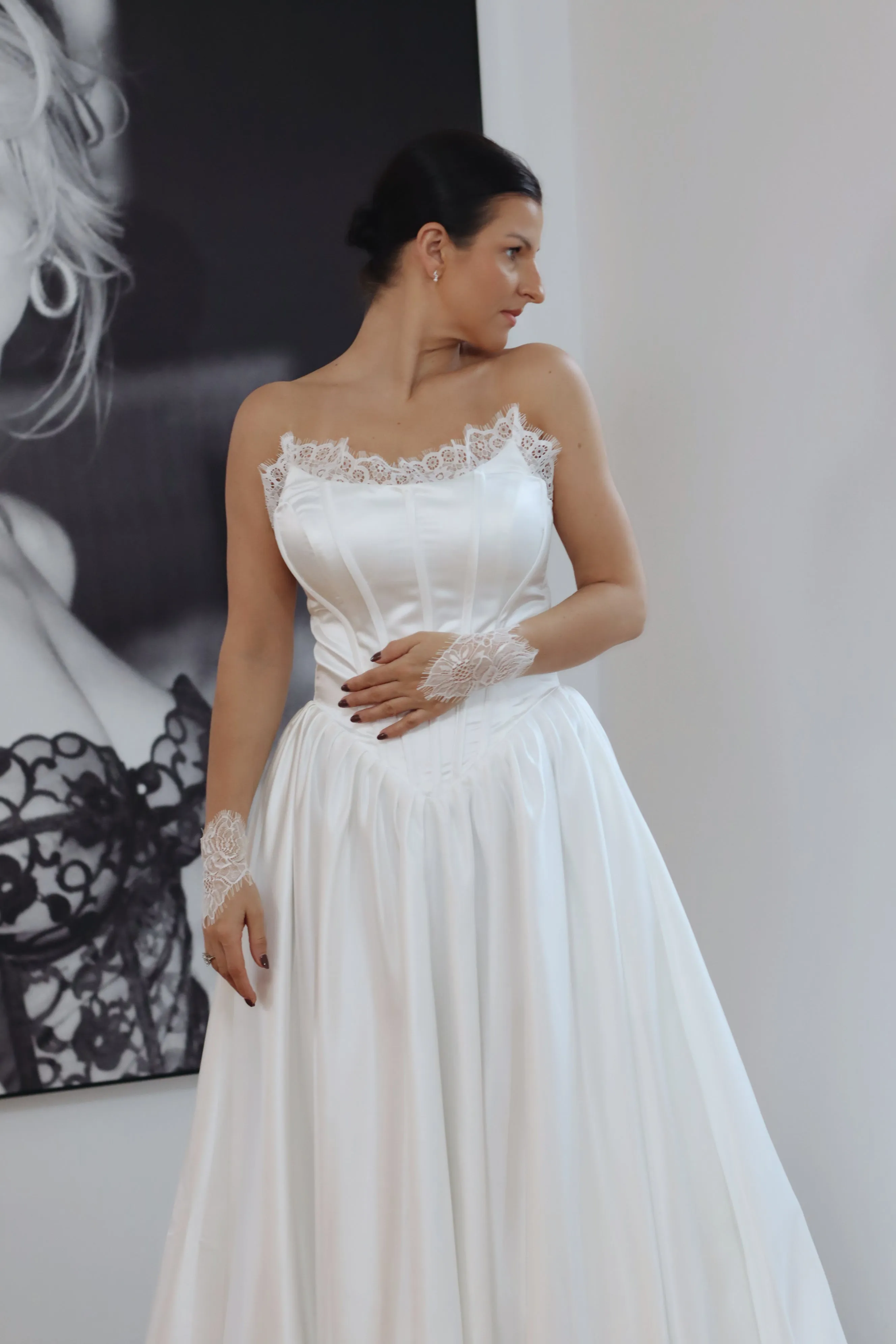 Basque Waist Satin Wedding Dress with Lace