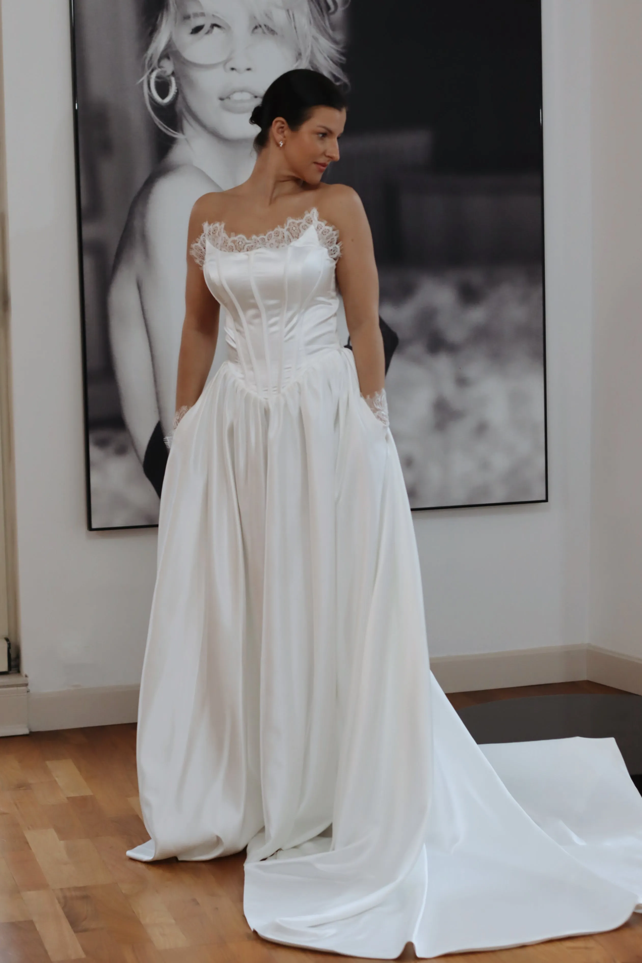 Basque Waist Satin Wedding Dress with Lace