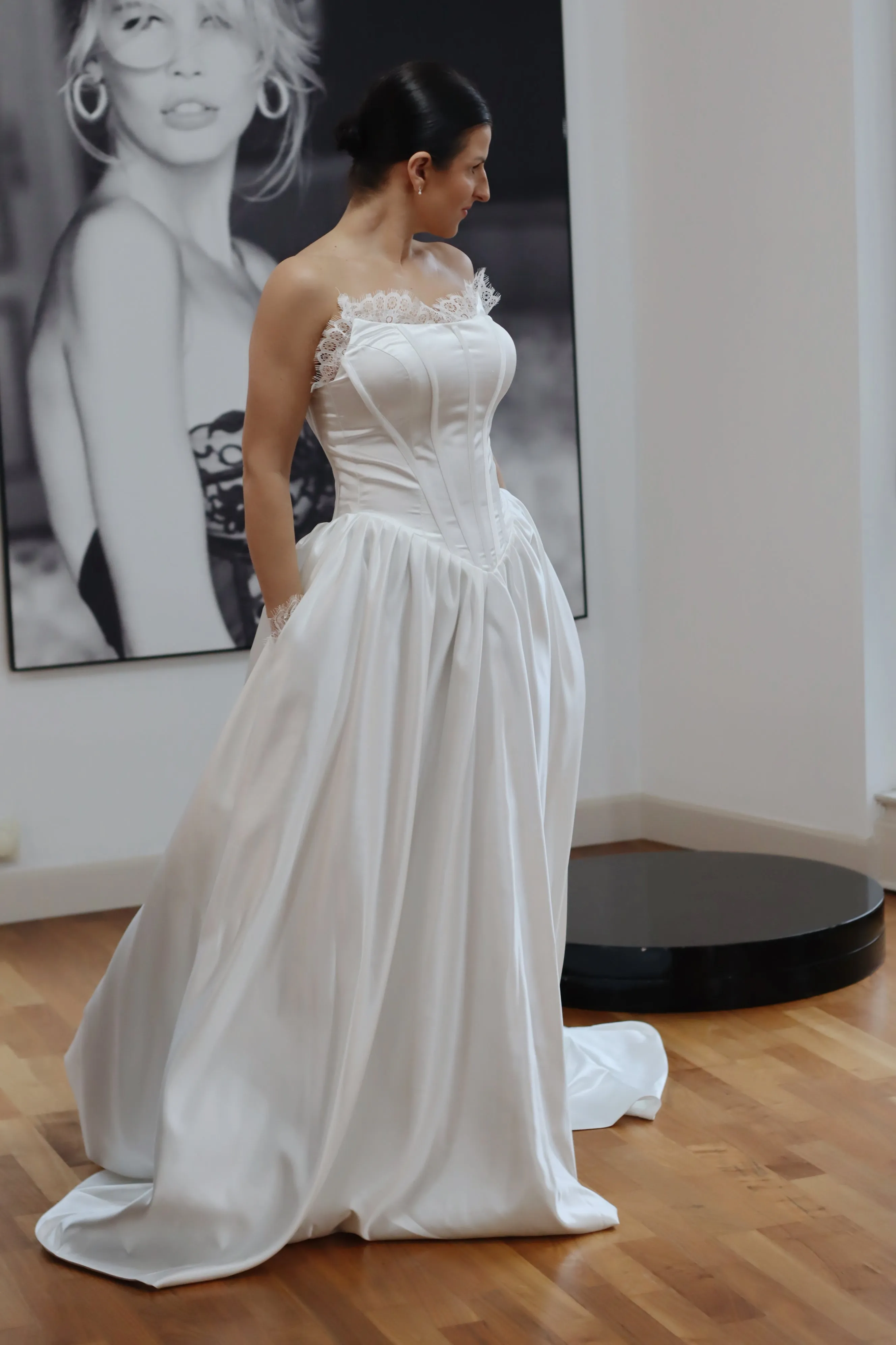 Basque Waist Satin Wedding Dress with Lace