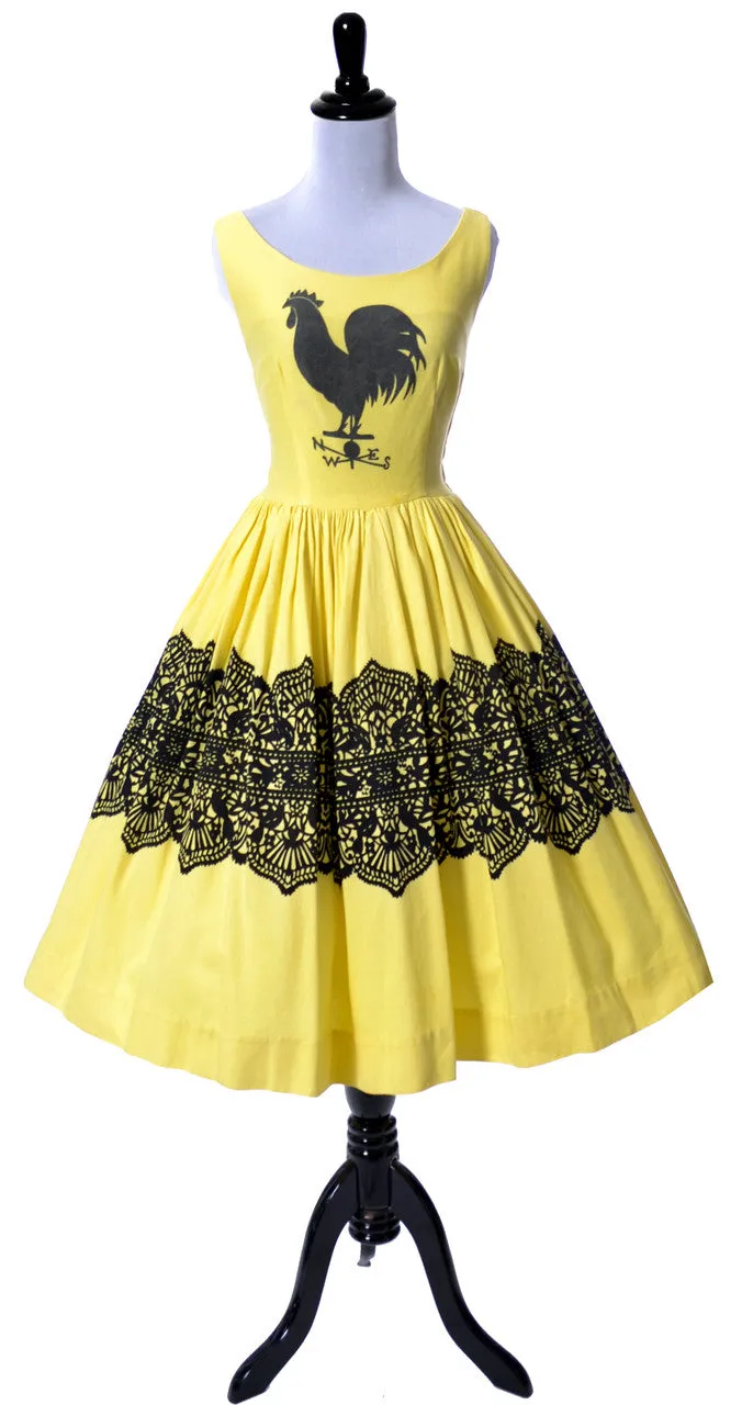 Birds and Rooster Yellow Novelty Print Vintage Dress