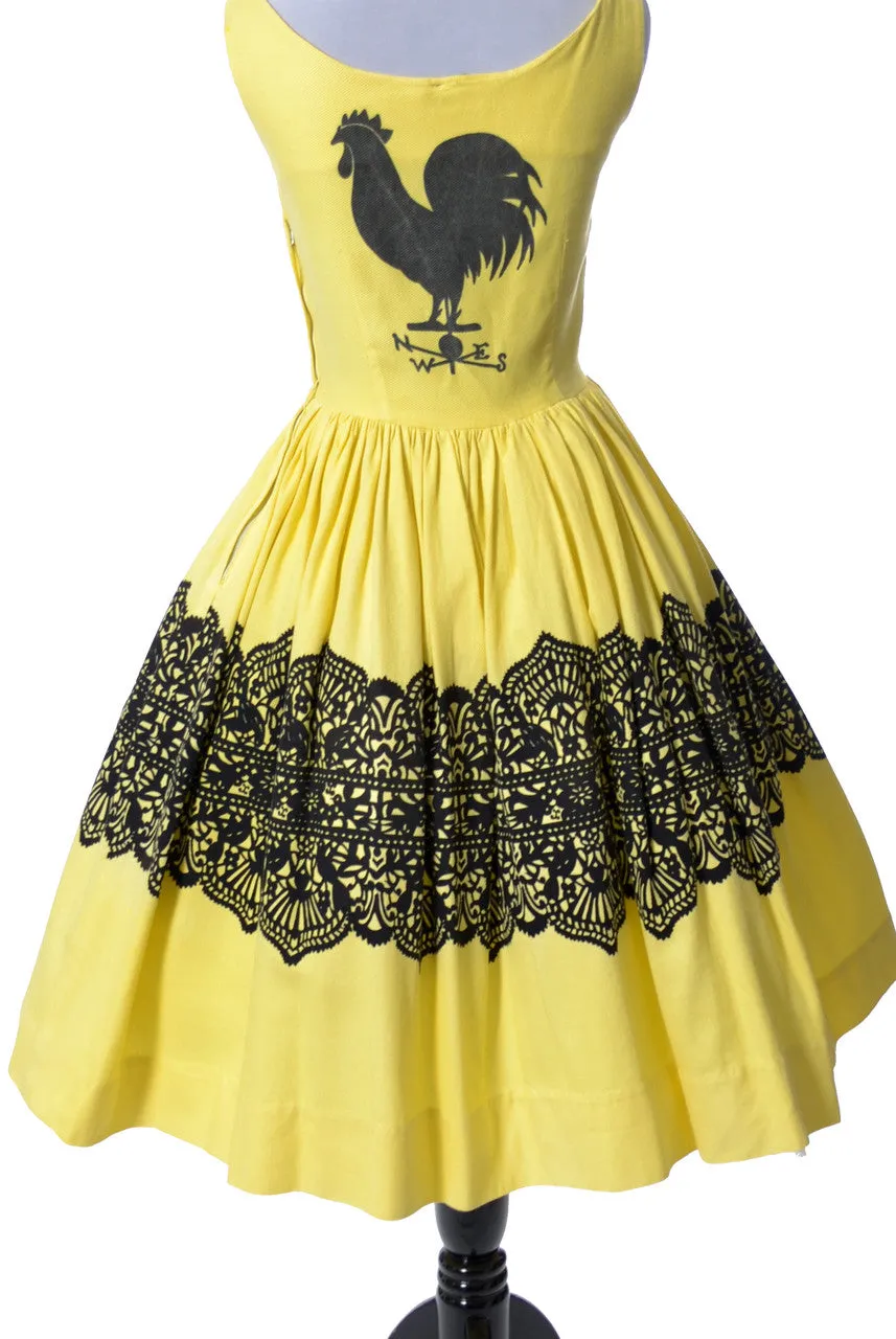 Birds and Rooster Yellow Novelty Print Vintage Dress