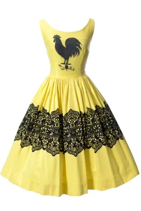 Birds and Rooster Yellow Novelty Print Vintage Dress