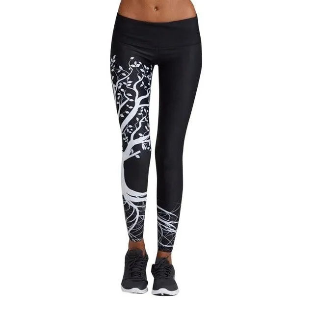 Black and White Tree Printed Fitness Leggings