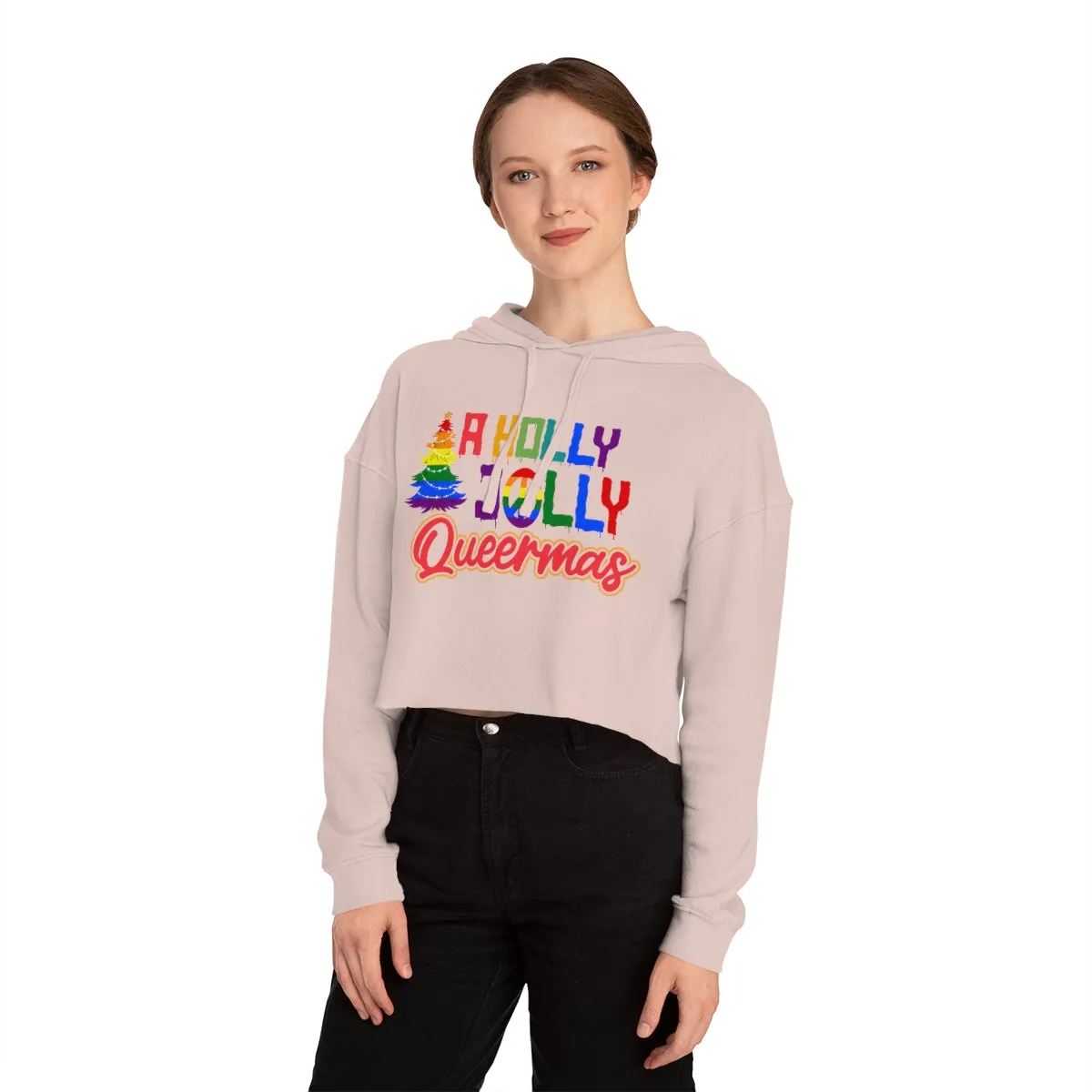 Christmas LGBTQ Women’s Cropped Hooded Sweatshirt - A Holly Jolly Queermas