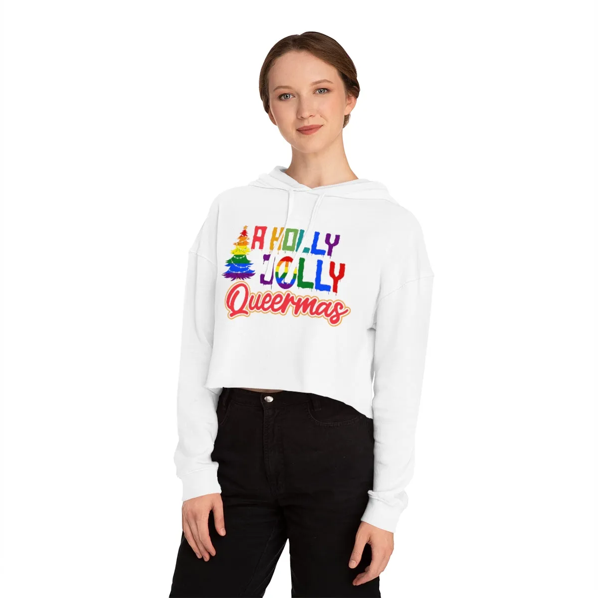 Christmas LGBTQ Women’s Cropped Hooded Sweatshirt - A Holly Jolly Queermas