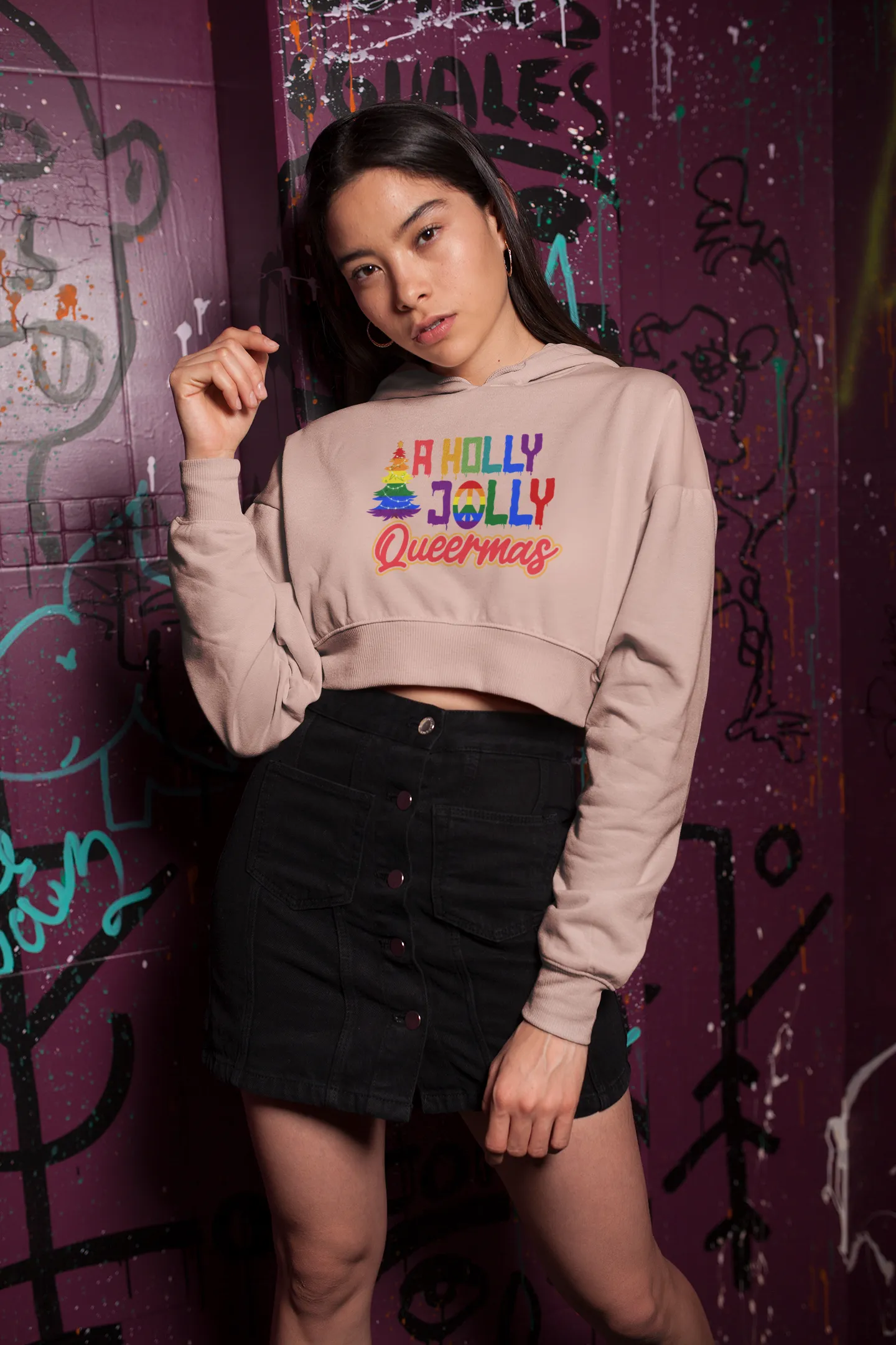 Christmas LGBTQ Women’s Cropped Hooded Sweatshirt - A Holly Jolly Queermas