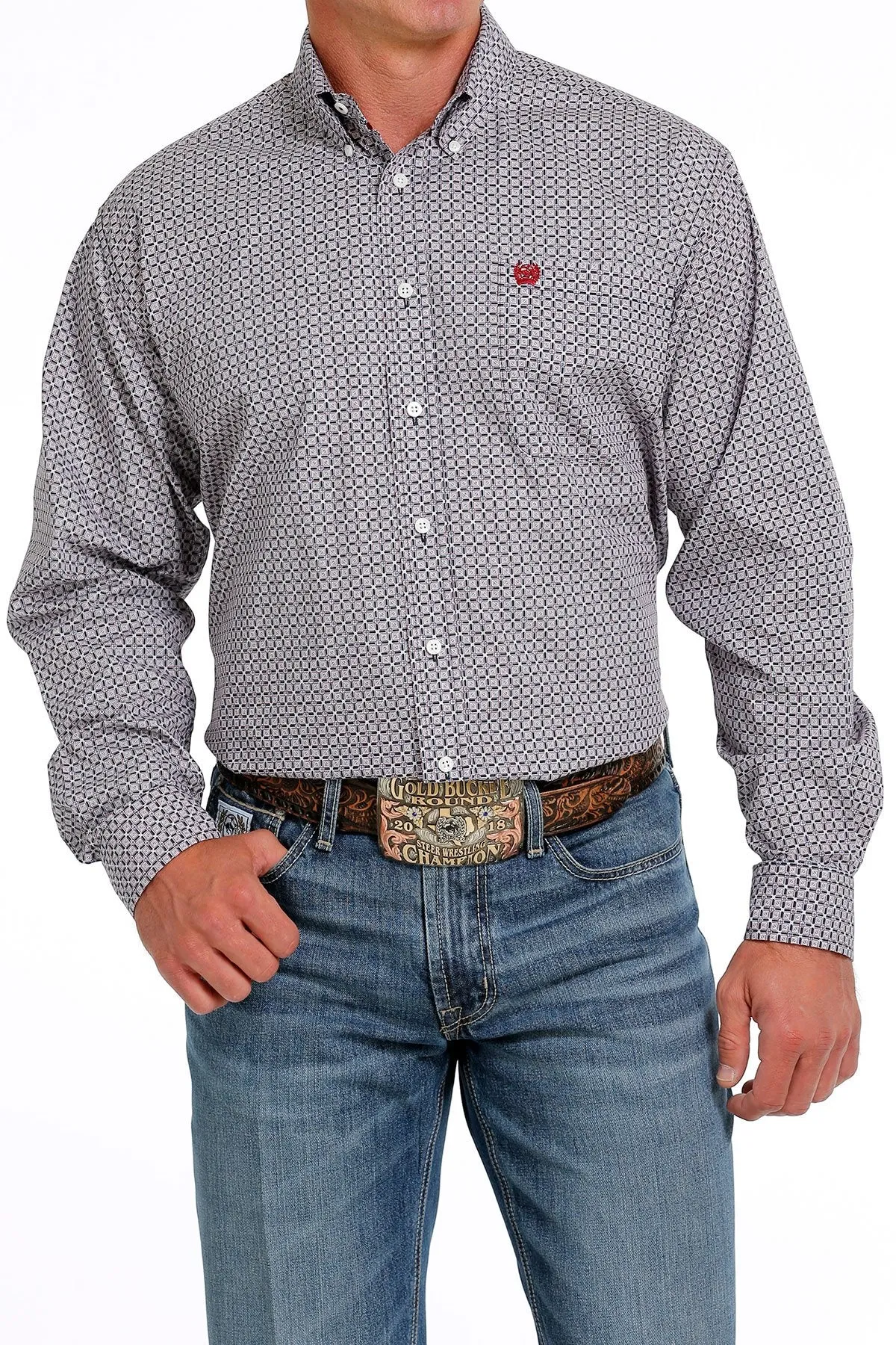 Cinch Mens Geometric Print Button-Down Western Shirt  - Blue /Red MTW1105619