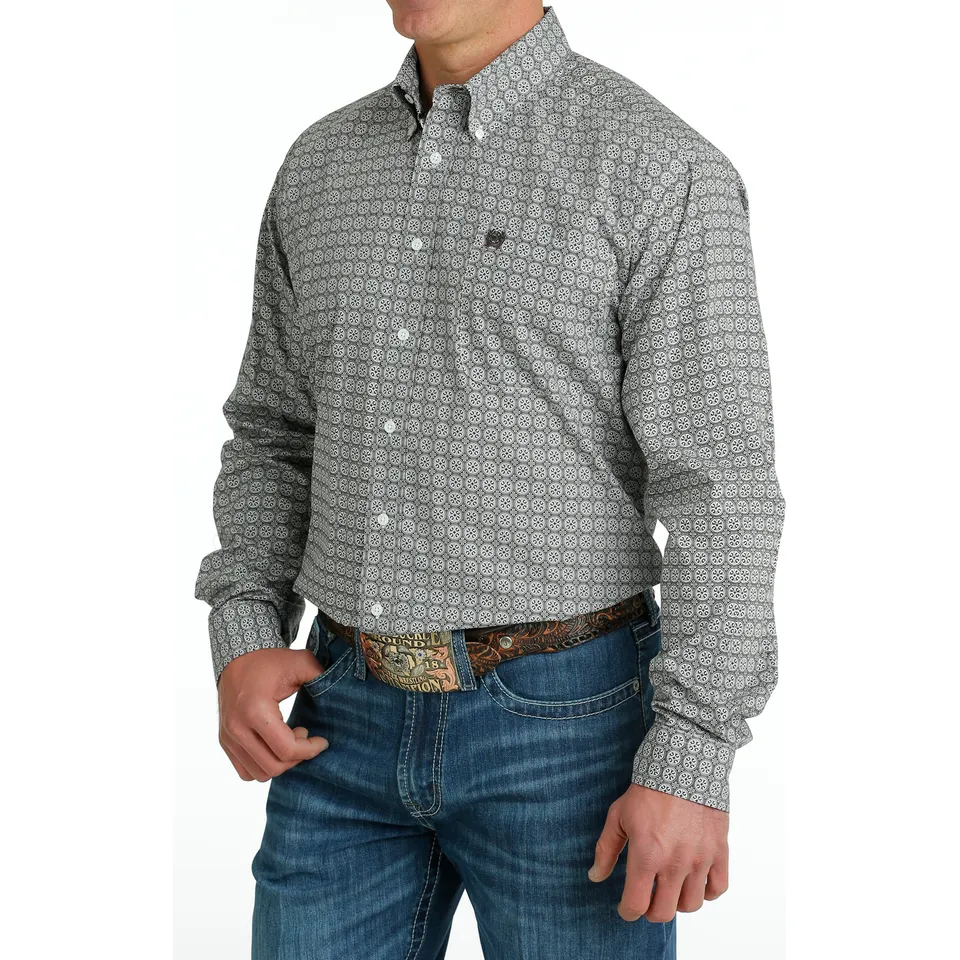 Cinch Men's Medallion Print Long Sleeve Shirt - White/Gray