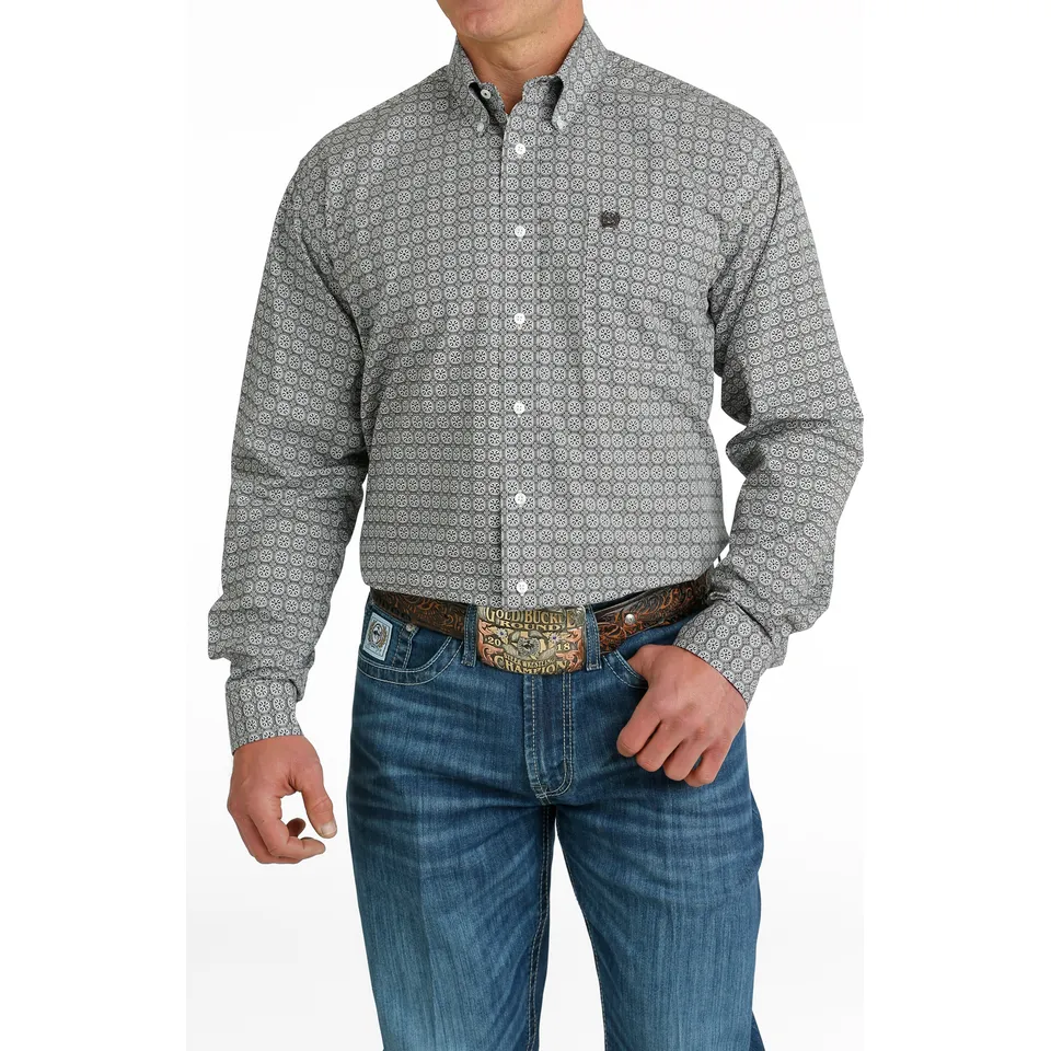 Cinch Men's Medallion Print Long Sleeve Shirt - White/Gray