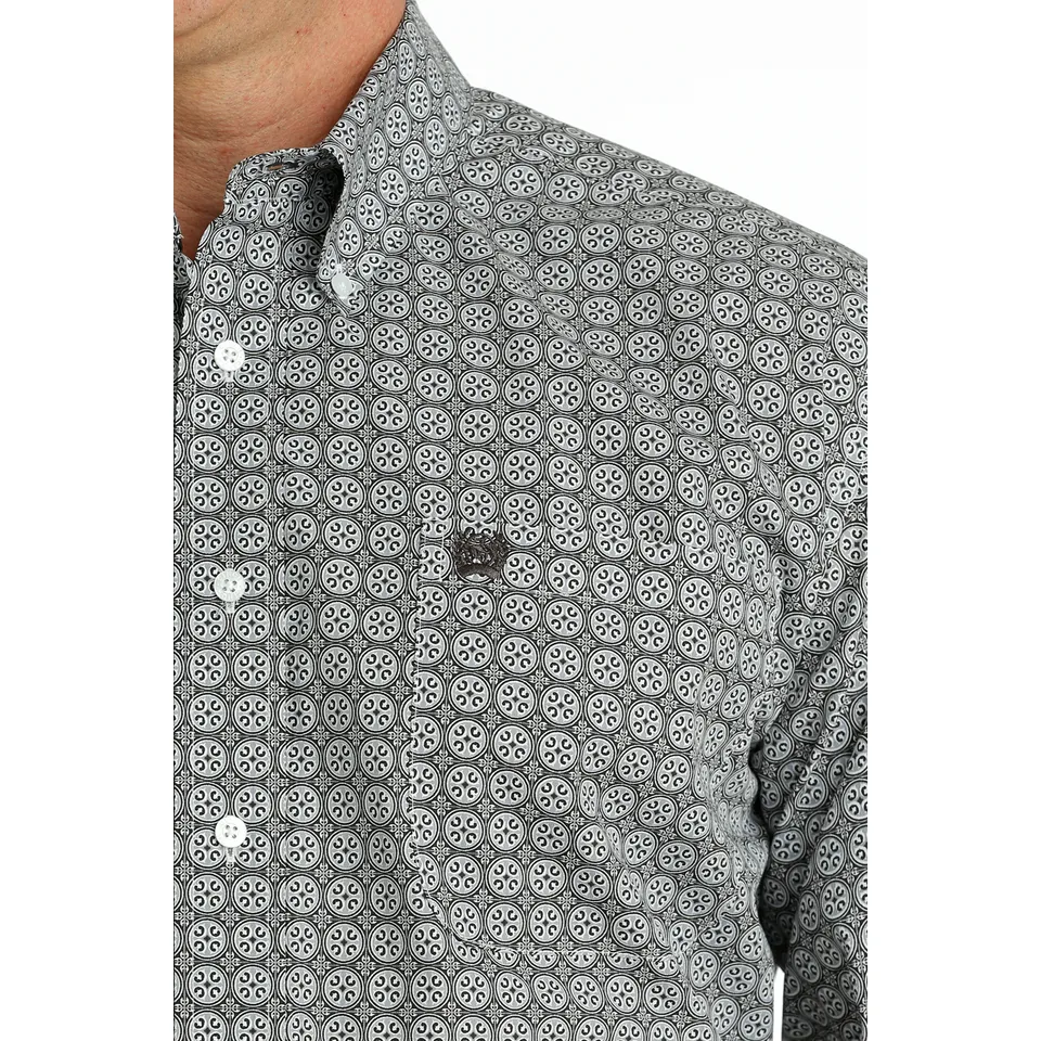 Cinch Men's Medallion Print Long Sleeve Shirt - White/Gray