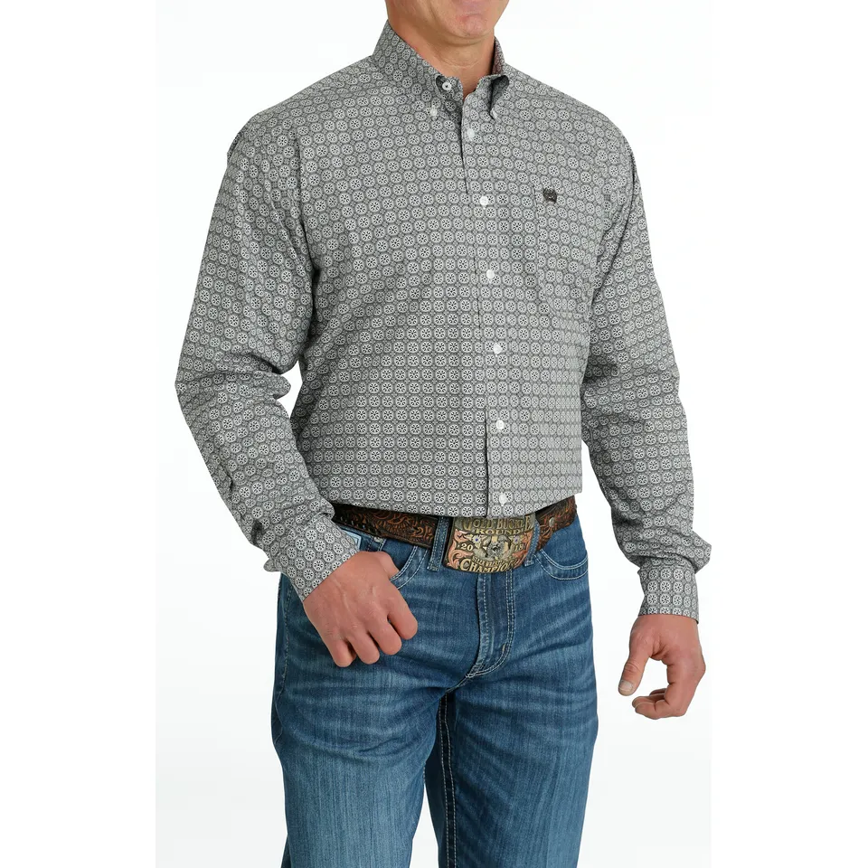 Cinch Men's Medallion Print Long Sleeve Shirt - White/Gray