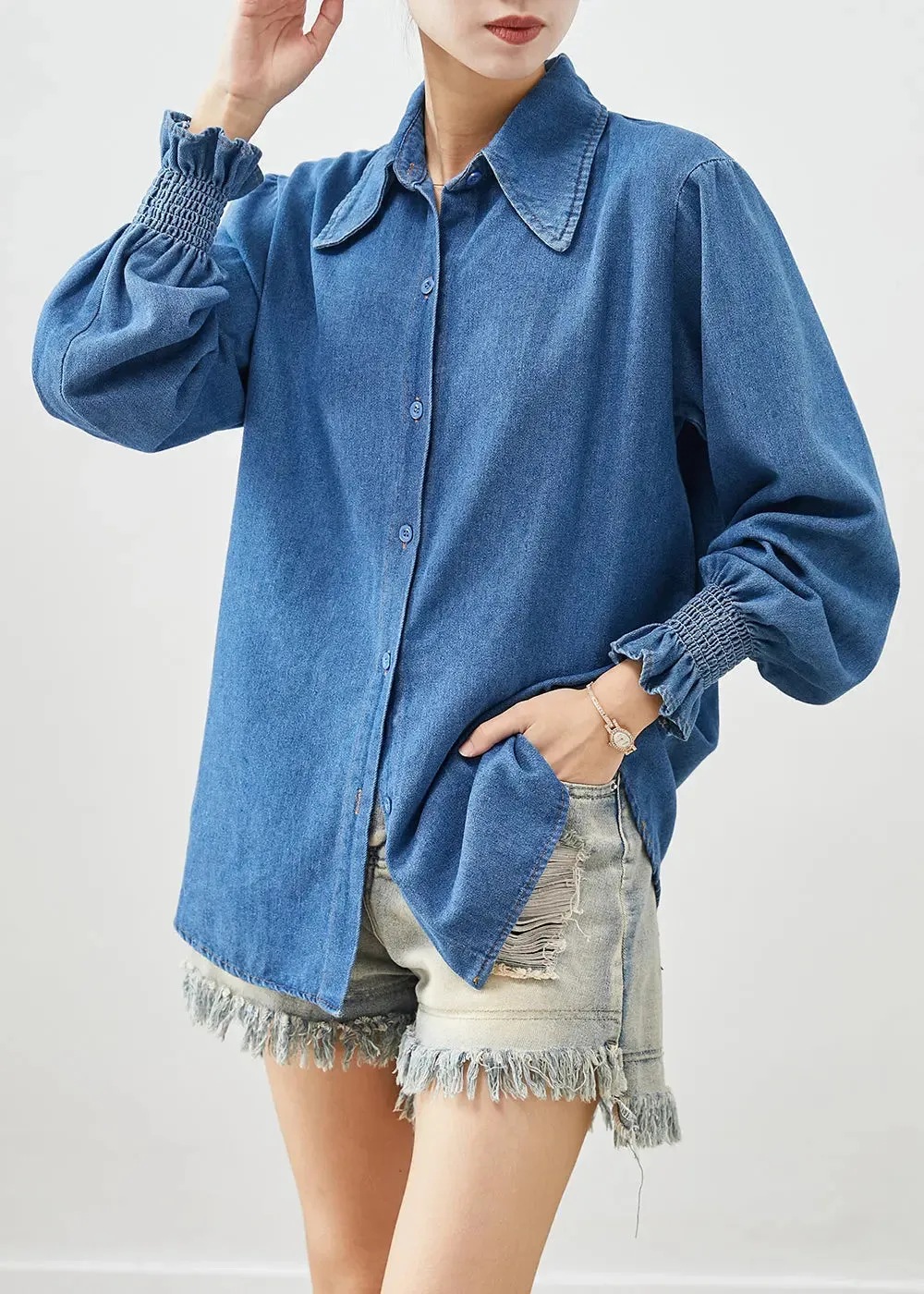 Classy Denim Lantern Sleeve Cotton Shirt