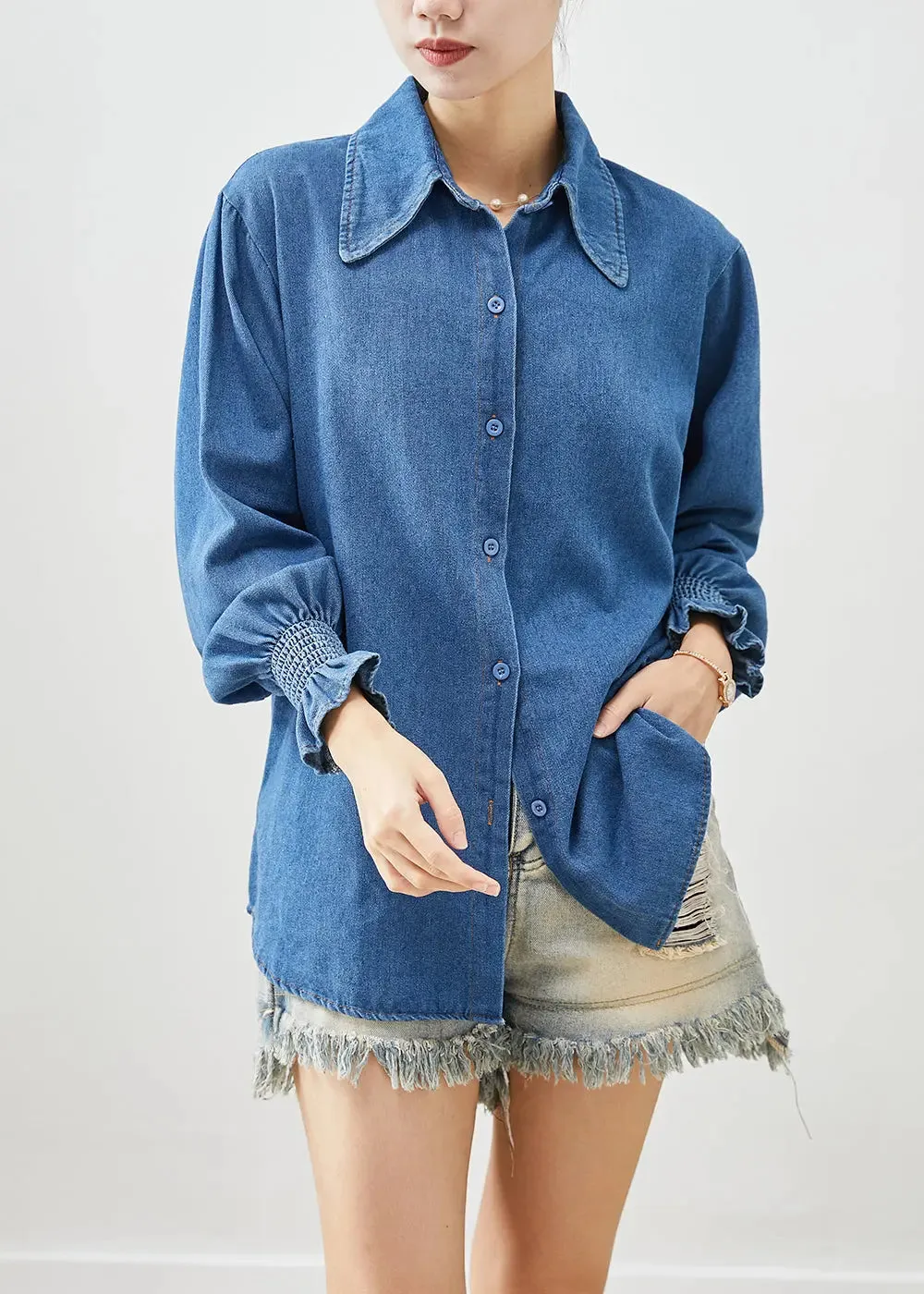 Classy Denim Lantern Sleeve Cotton Shirt