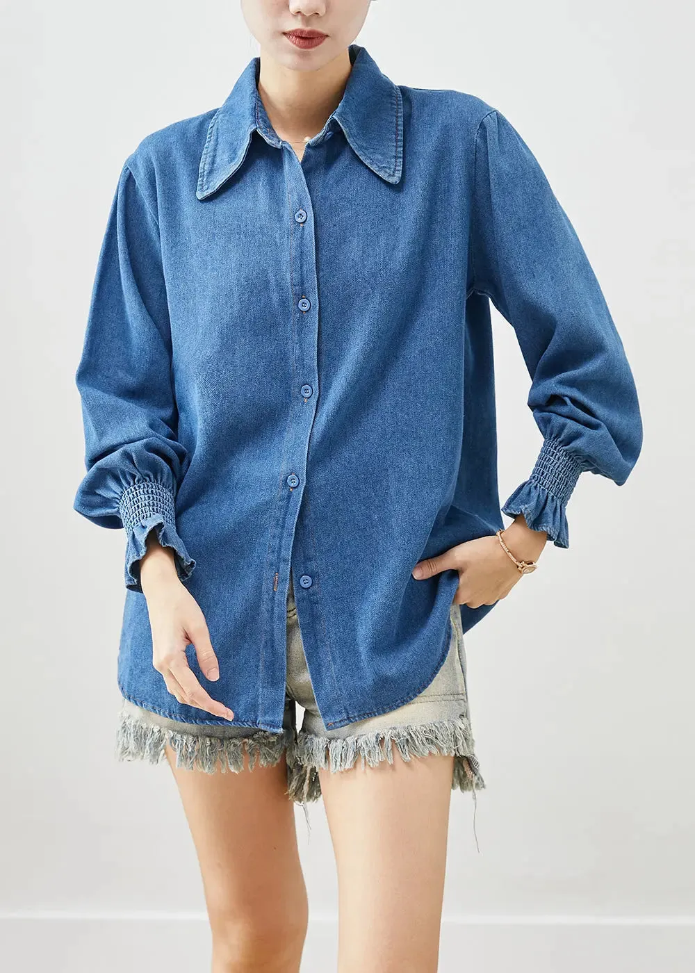 Classy Denim Lantern Sleeve Cotton Shirt