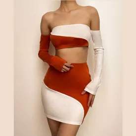 Contrast patchwork off shoulder long sleeve backless mini skirt set