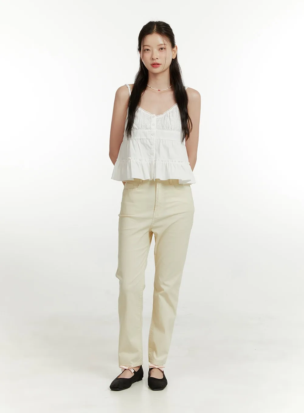 Cotton Blend Straight Leg Pants OU419