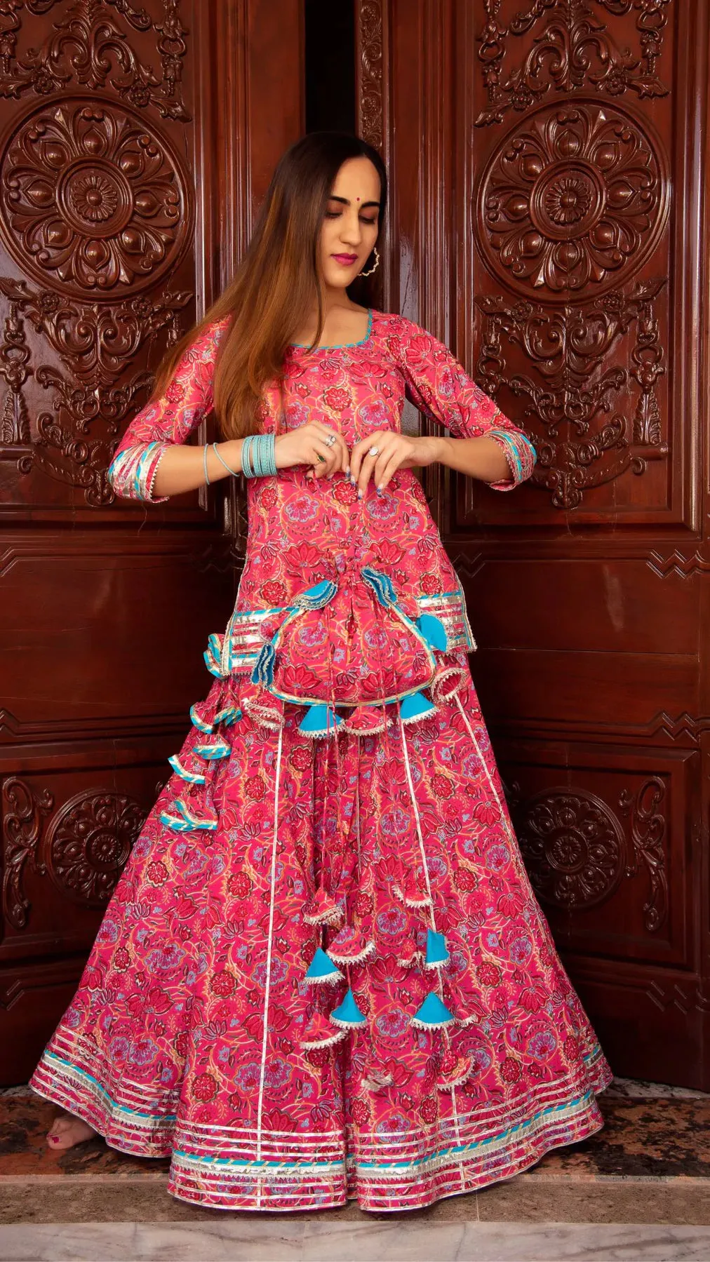 Cotton Pink Printed Kurta Skirt Set with Blue Soft Net Dupatta