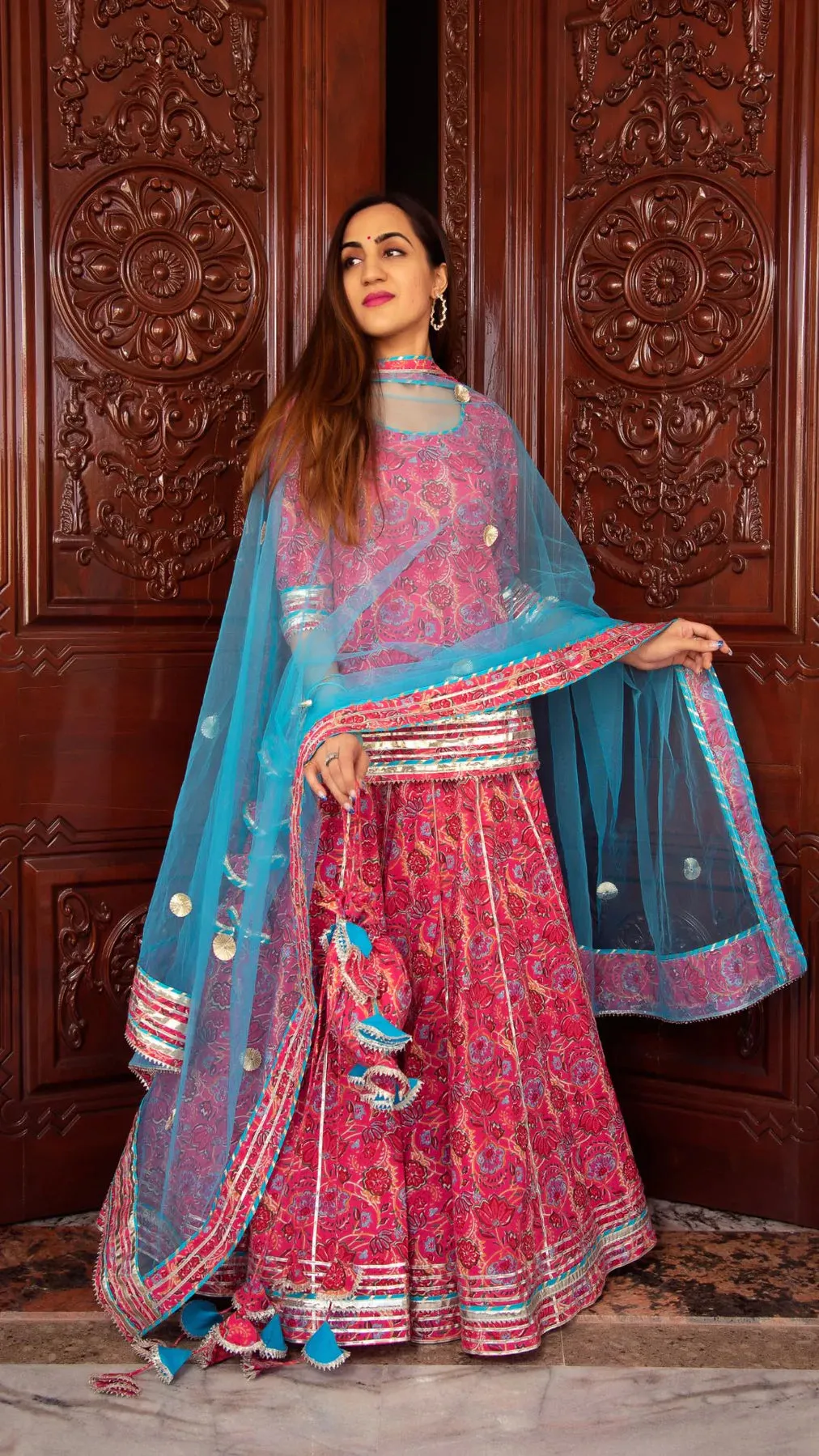 Cotton Pink Printed Kurta Skirt Set with Blue Soft Net Dupatta