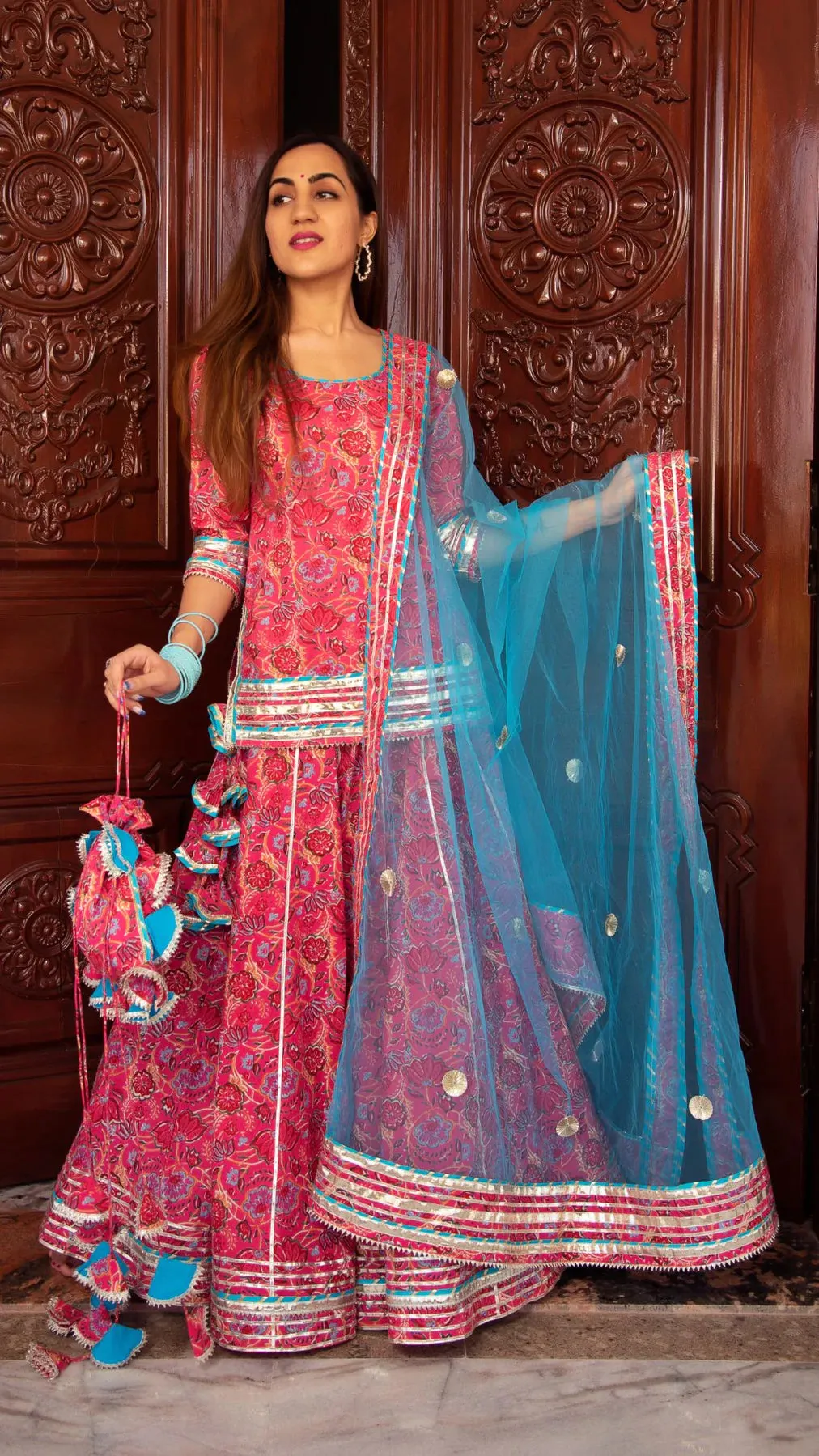 Cotton Pink Printed Kurta Skirt Set with Blue Soft Net Dupatta