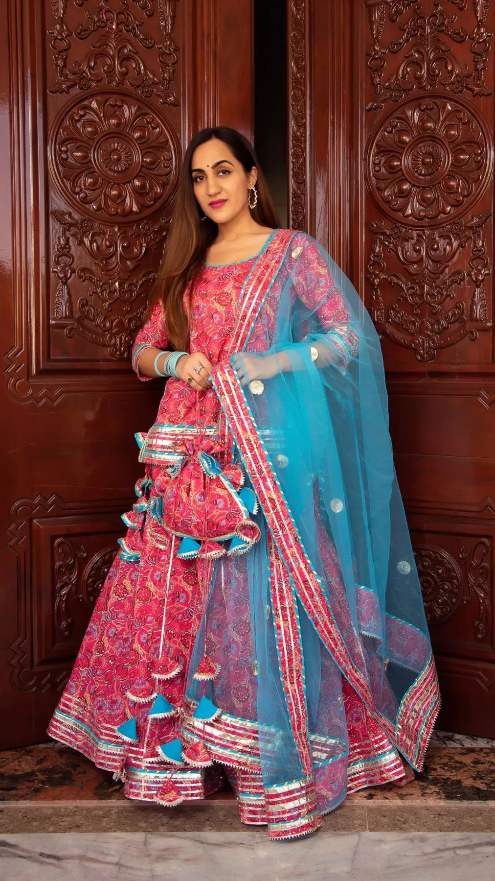 Cotton Pink Printed Kurta Skirt Set with Blue Soft Net Dupatta