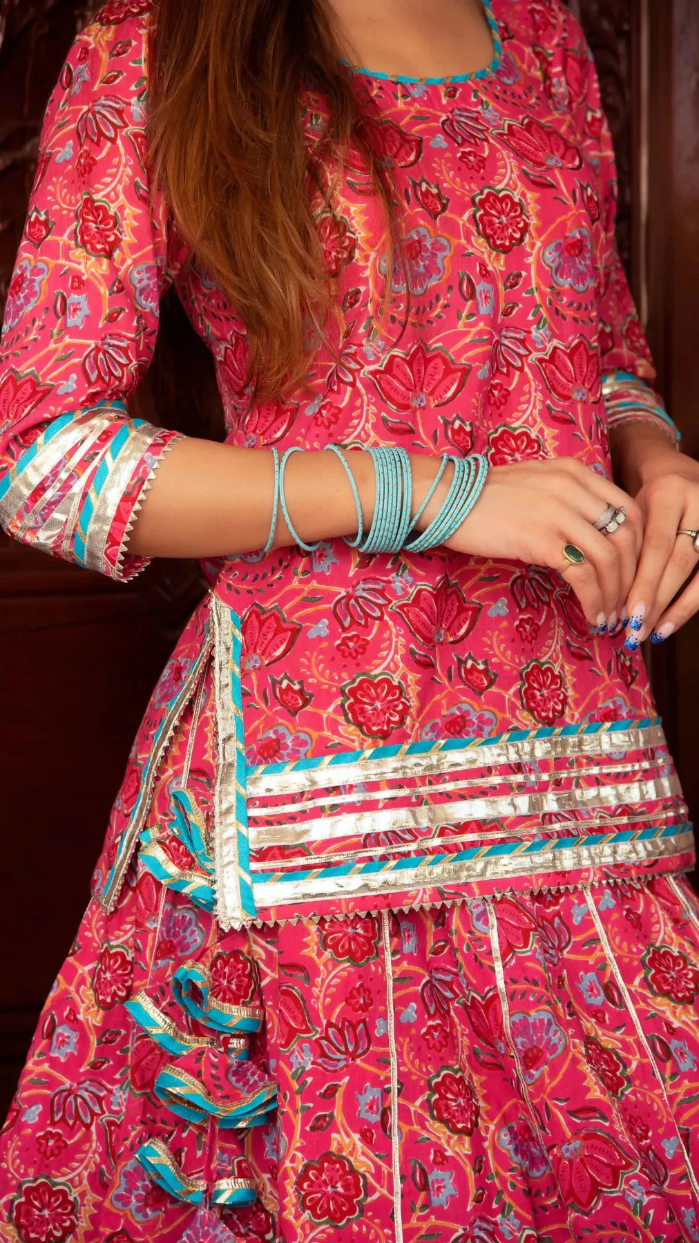 Cotton Pink Printed Kurta Skirt Set with Blue Soft Net Dupatta