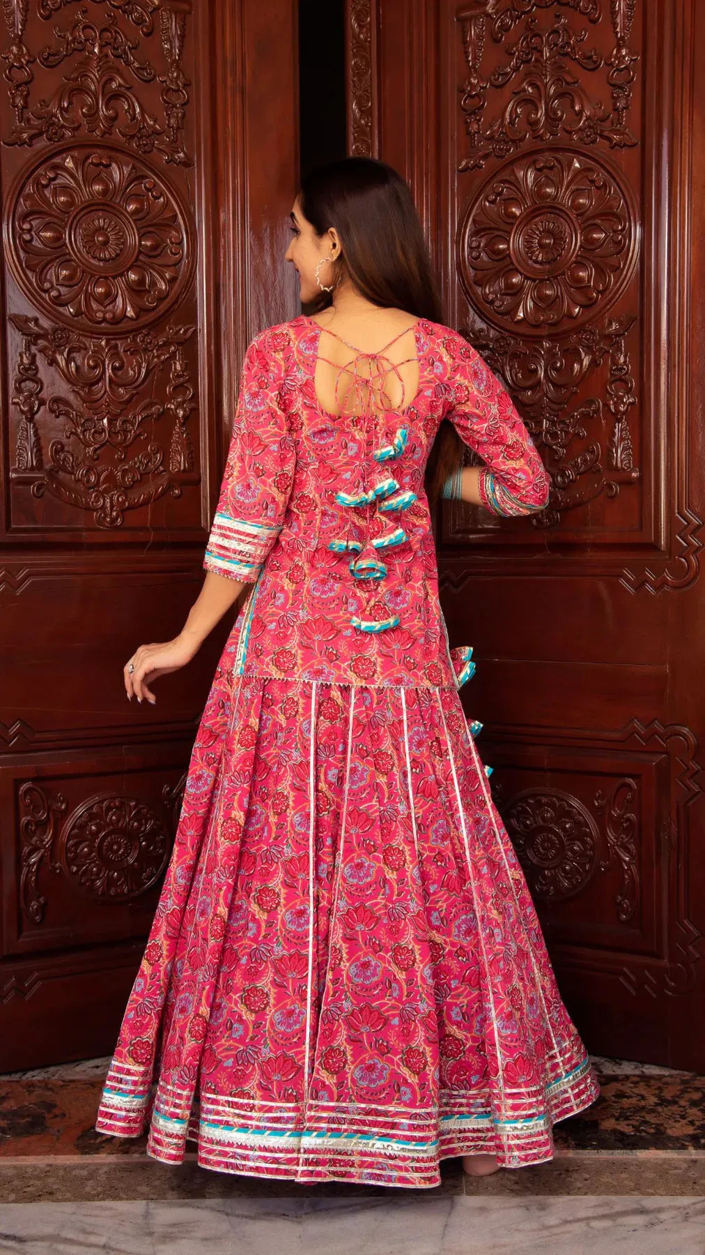 Cotton Pink Printed Kurta Skirt Set with Blue Soft Net Dupatta