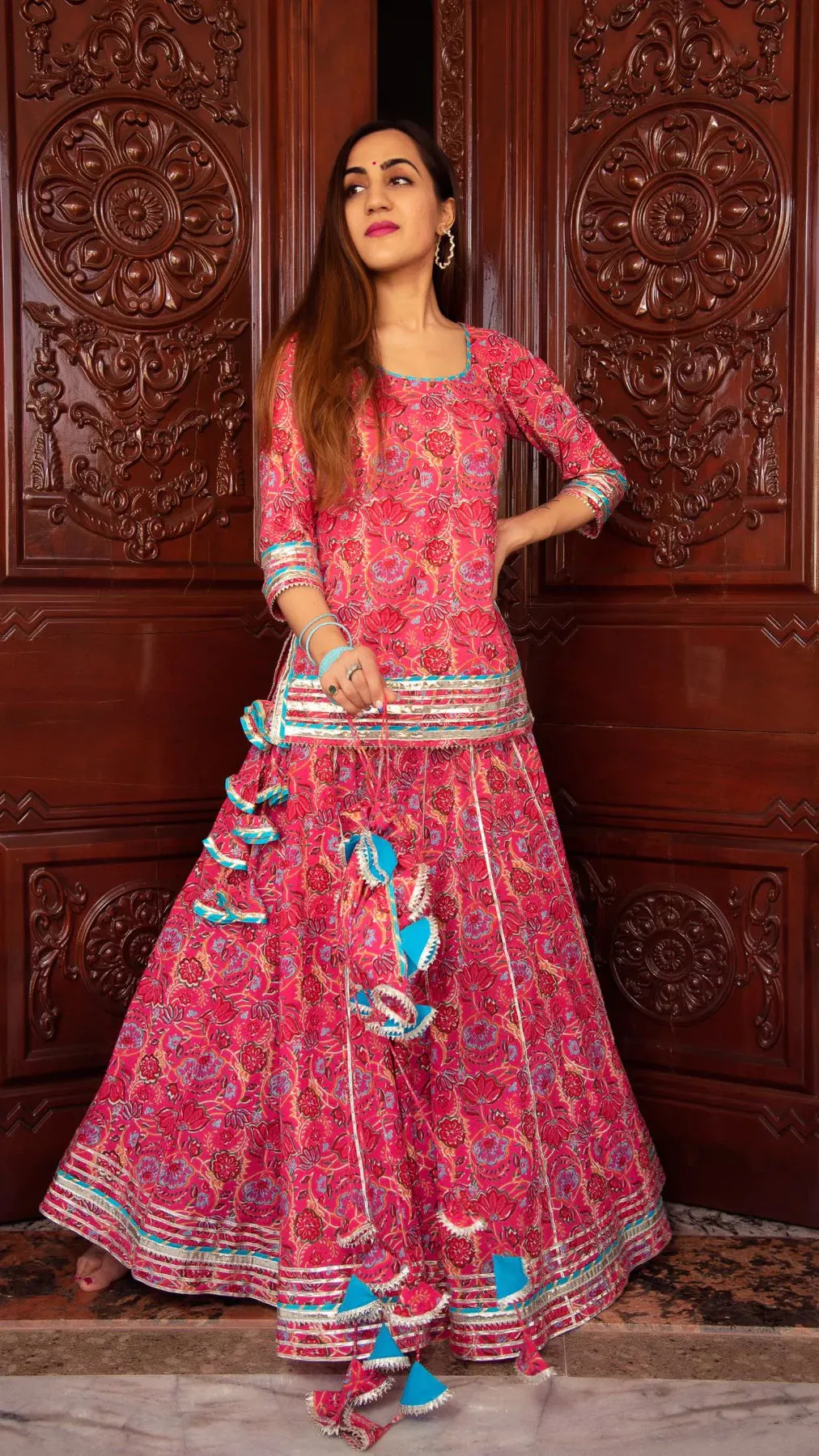 Cotton Pink Printed Kurta Skirt Set with Blue Soft Net Dupatta