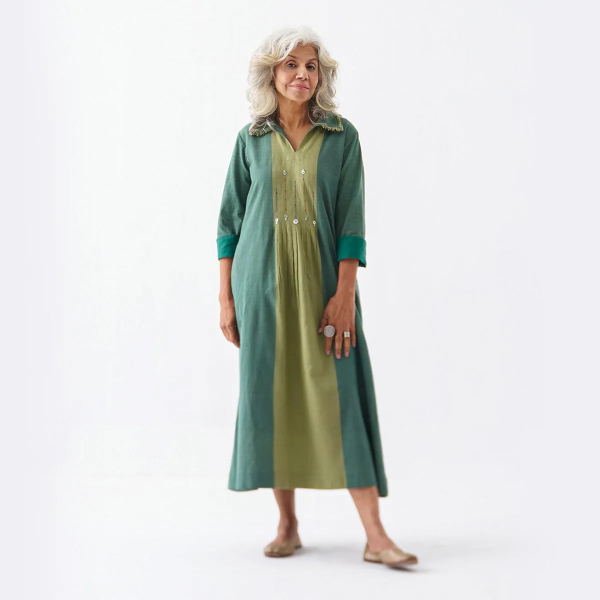 Cotton Tunic Dress for Women | Green | Embroidered