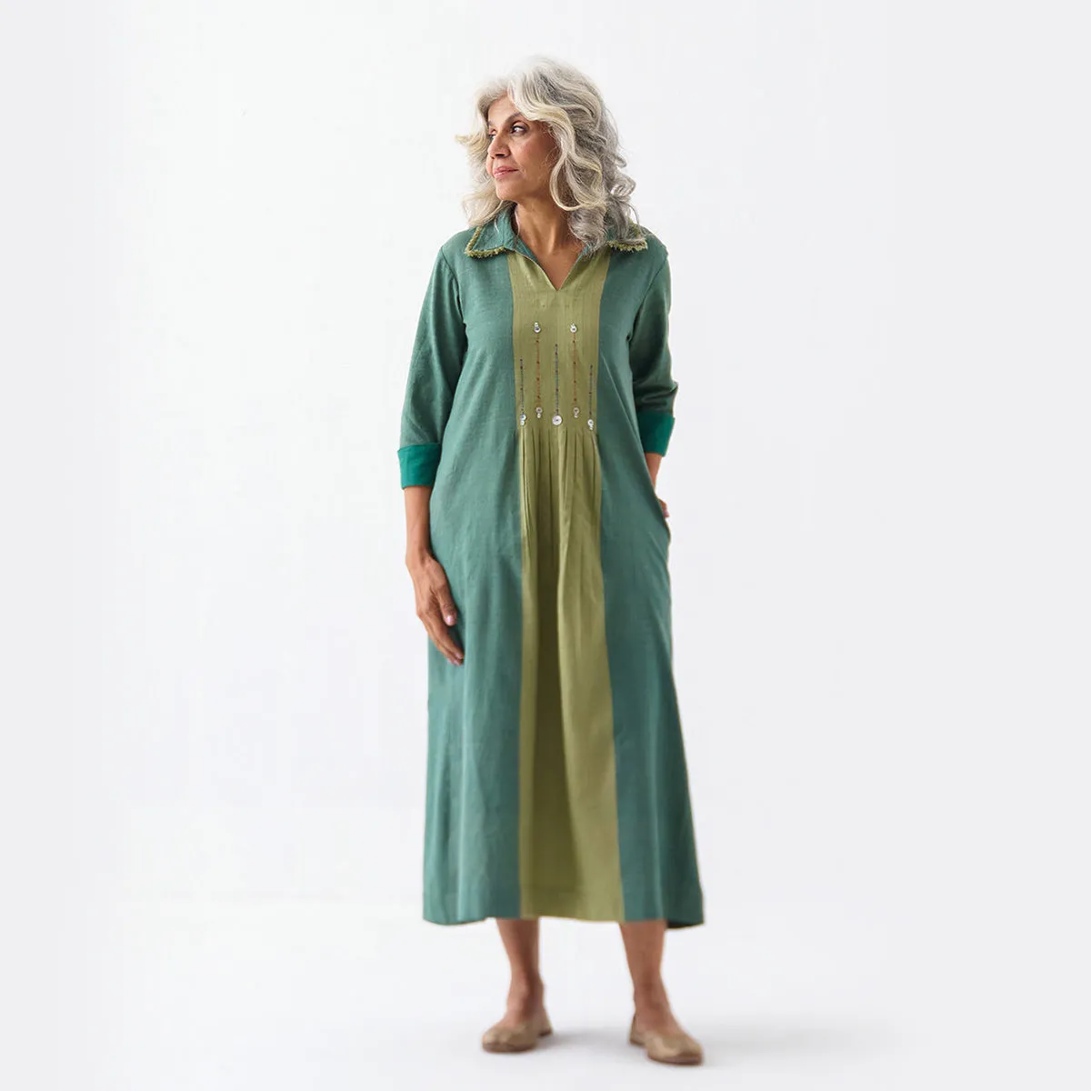 Cotton Tunic Dress for Women | Green | Embroidered