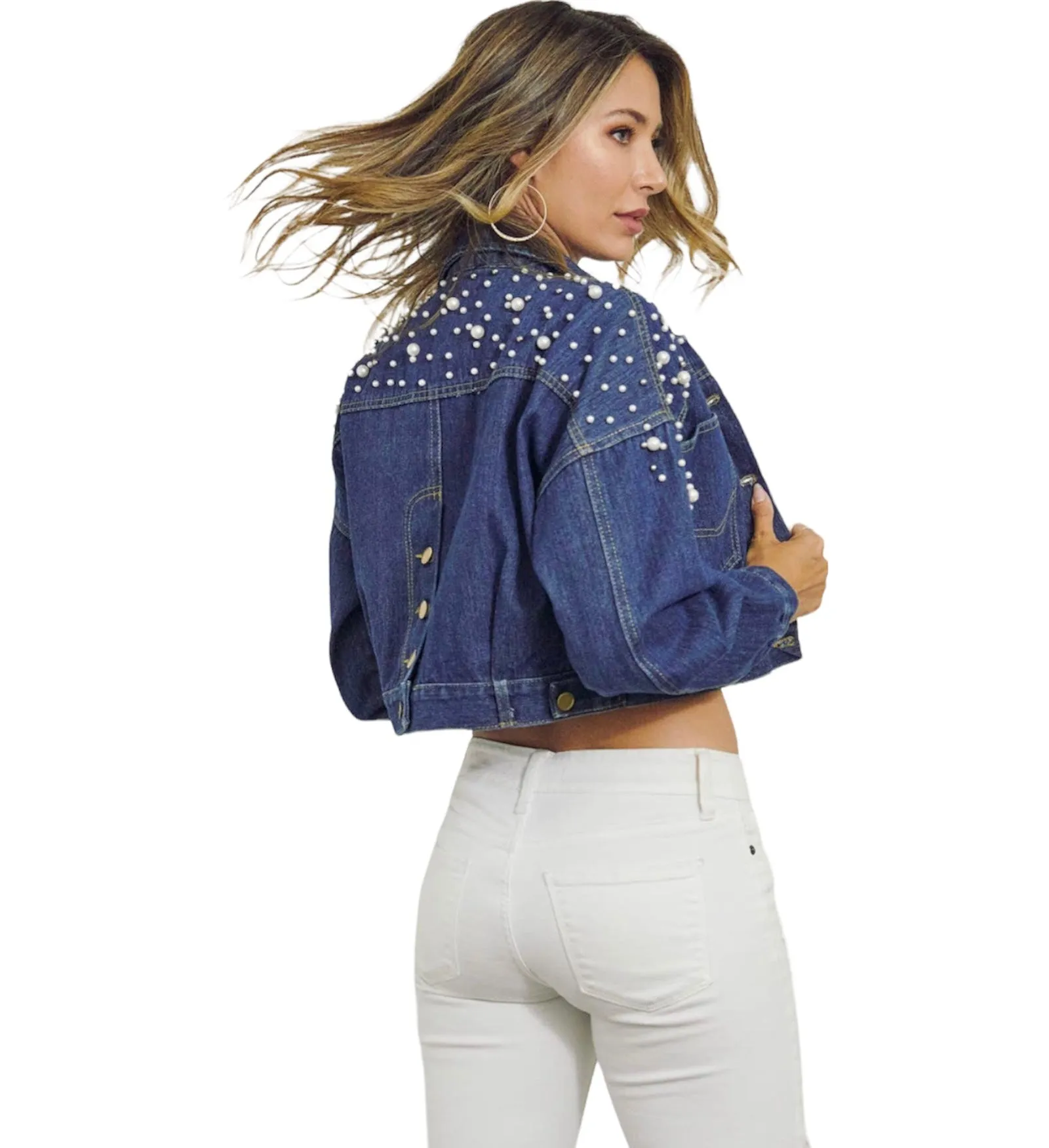 Cropped Denim Jacket with Pearl