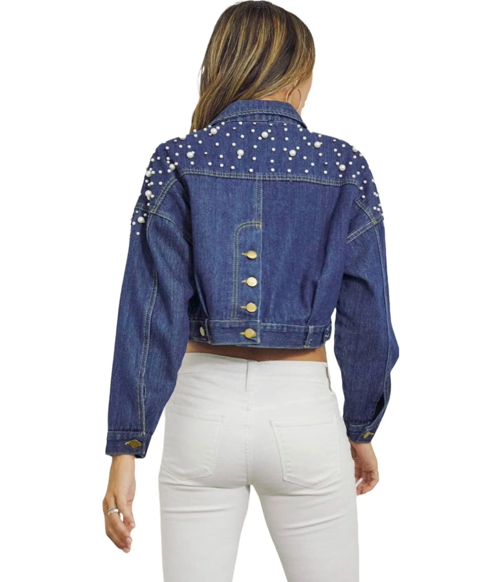 Cropped Denim Jacket with Pearl