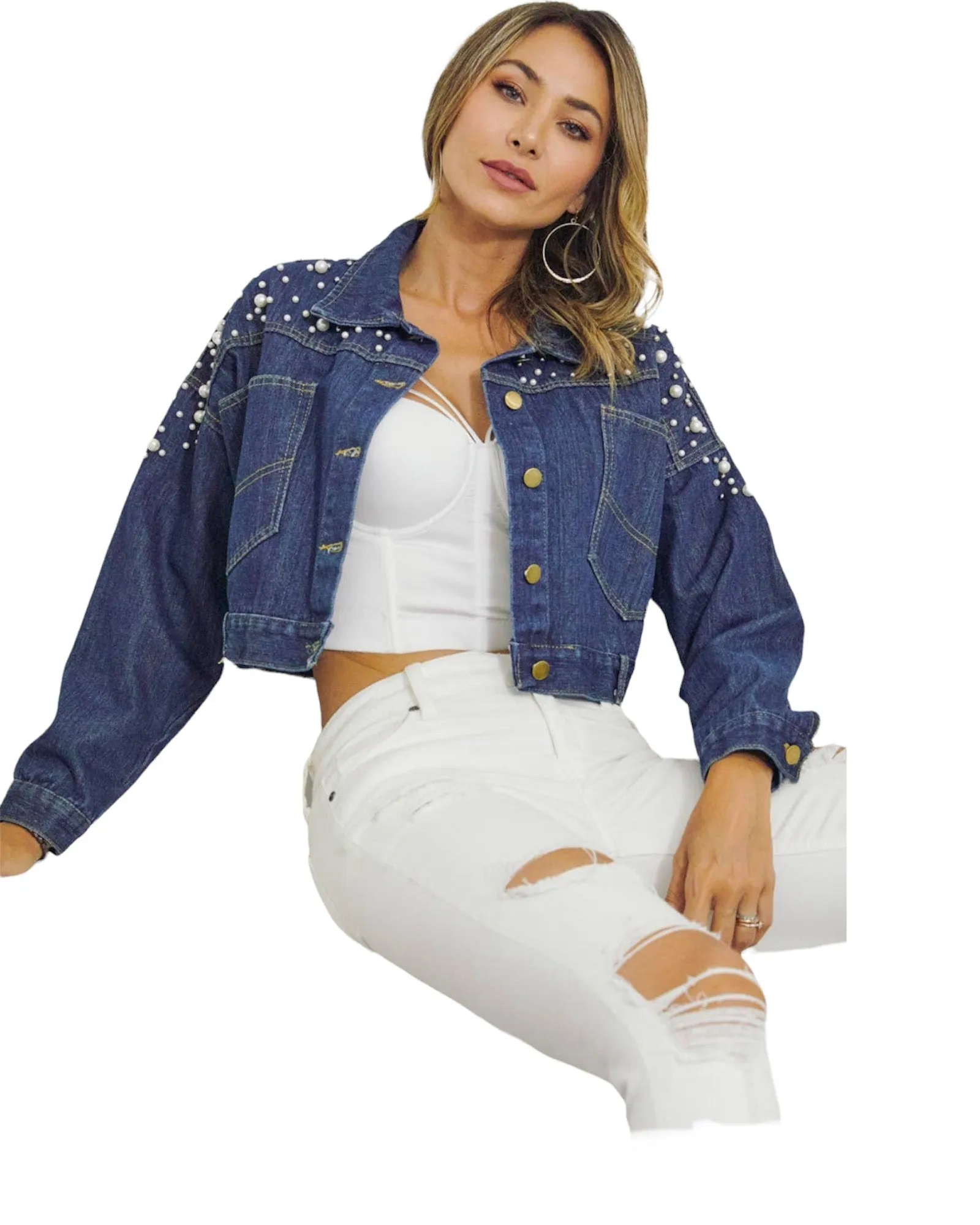 Cropped Denim Jacket with Pearl