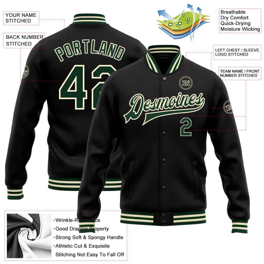 Custom Black Green-Cream Bomber Full-Snap Varsity Letterman Jacket